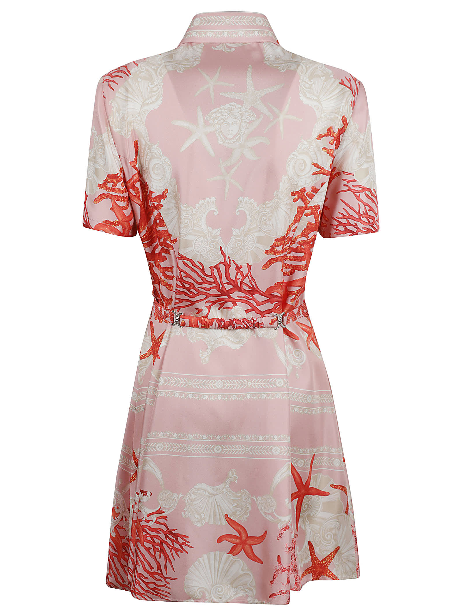 Shop Versace Belted Printed Shirt In Dusty Rose+coral+bone