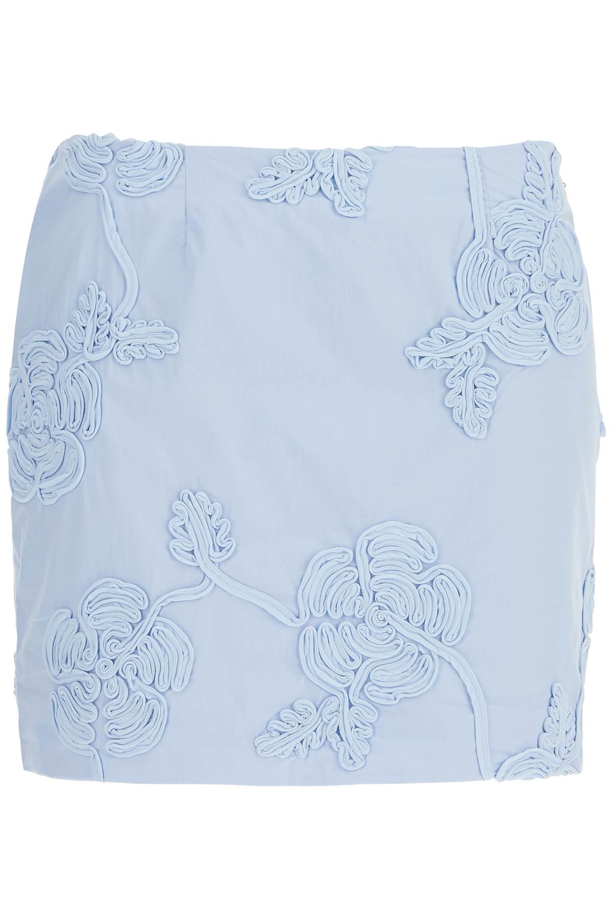 Light Blue Cotton Mini Skirt With 3d Floral Embroidery