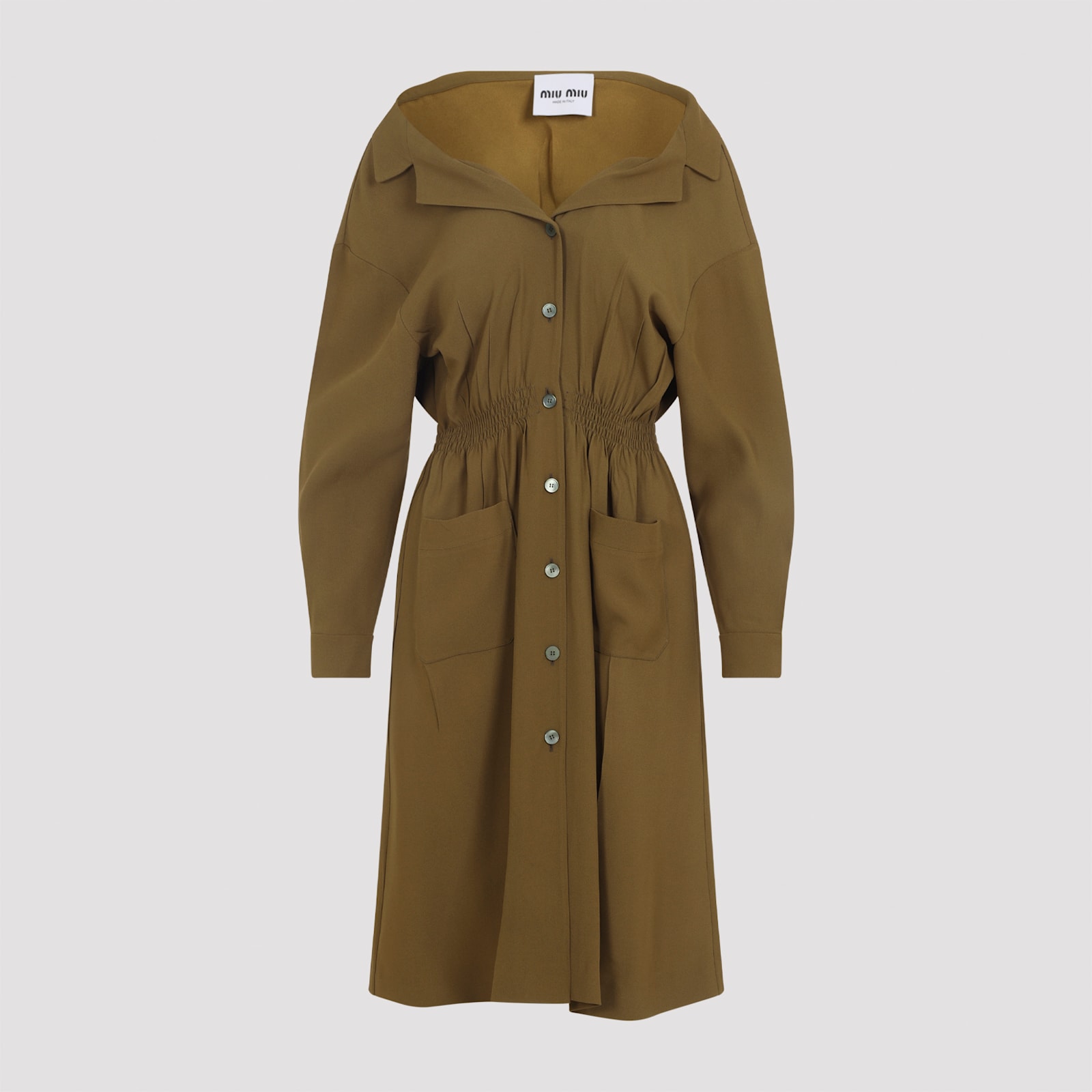 Miu Miu Long Sleeve Dress With Pockets And Elastic Waist In Green