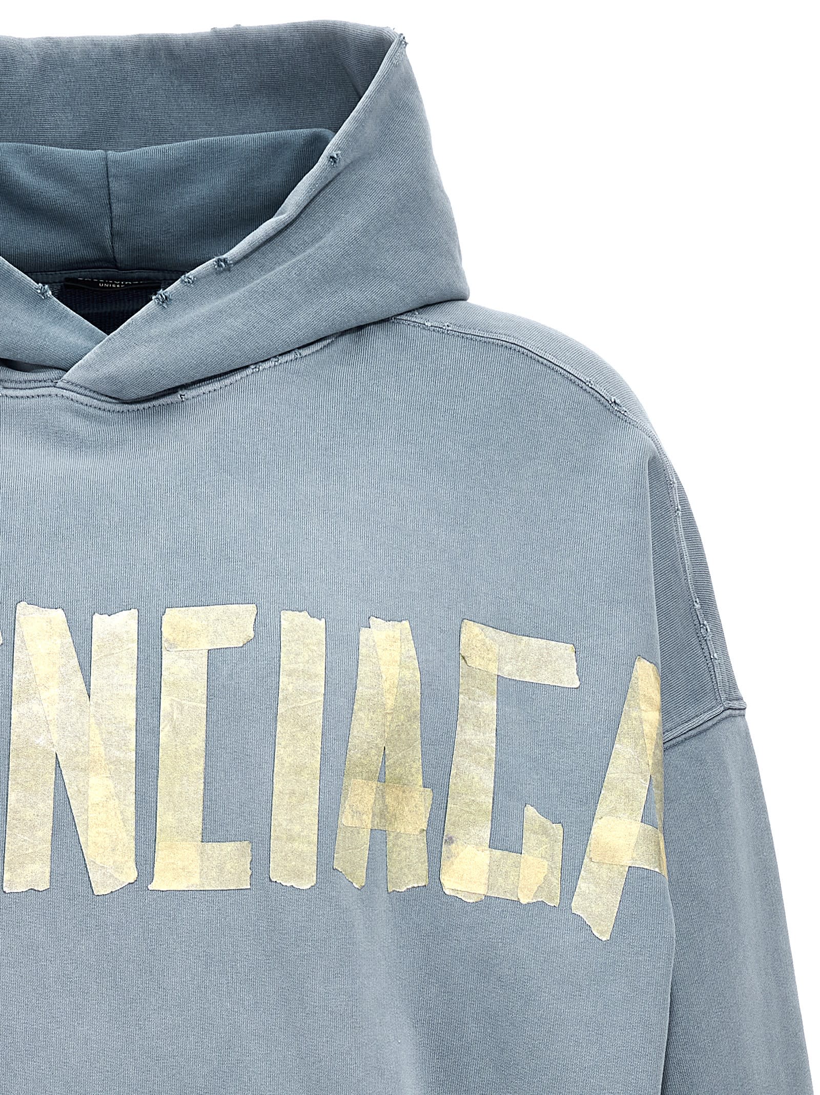 Shop Balenciaga Ripped Pocket Tape Type Hoodie In Faded Blue