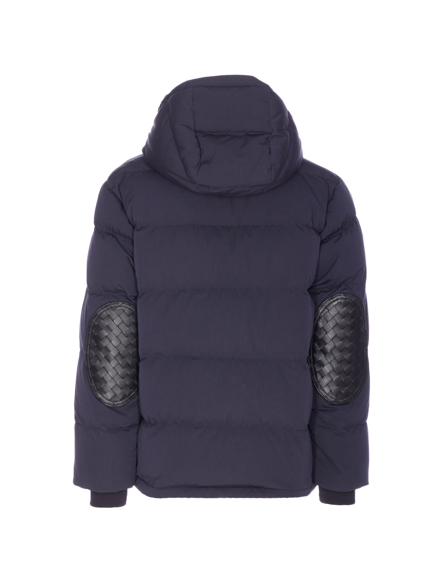 Bottega Veneta Men Down Jacket With Intrecciato Leather Patches On Elbow In Blue