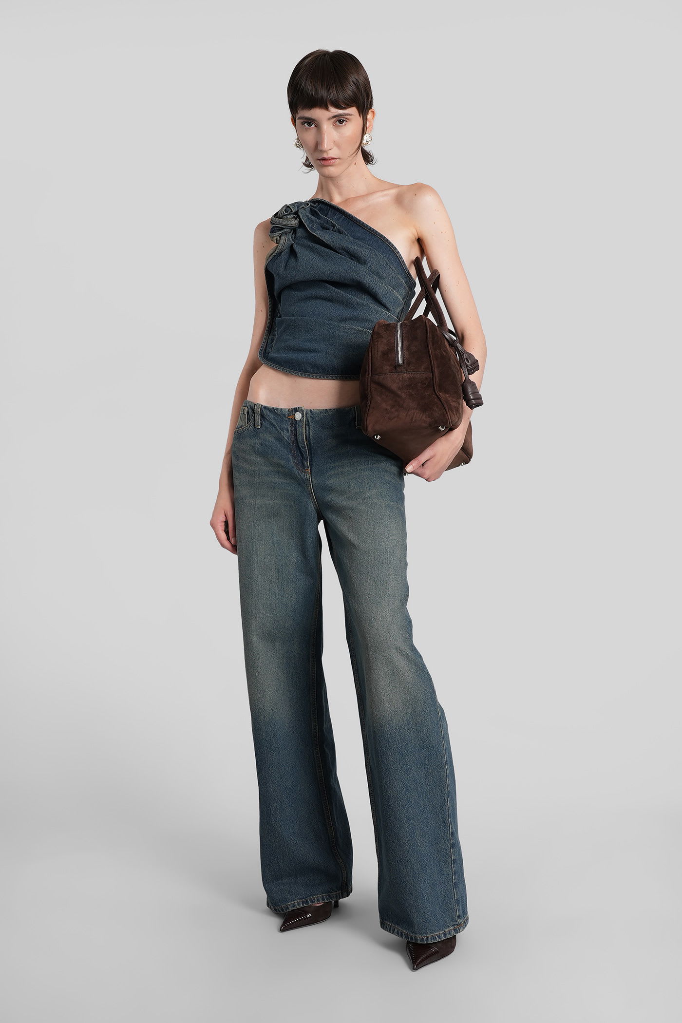 Magda Butrym Asymmetric Denim Floral One-shoulder Ruched Top In Blue