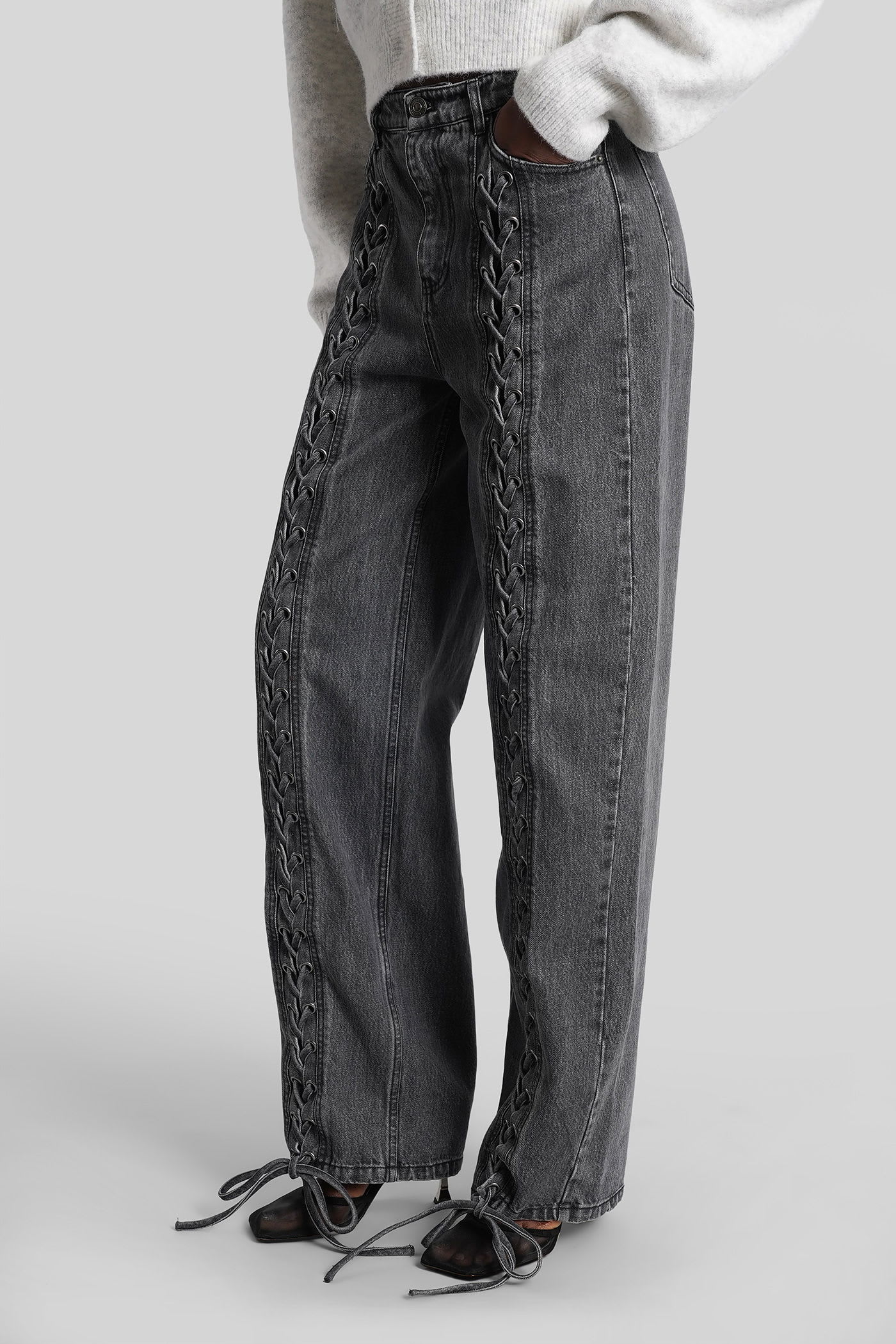Rotate Birger Christensen Denim Laced Leg Pant In Gray