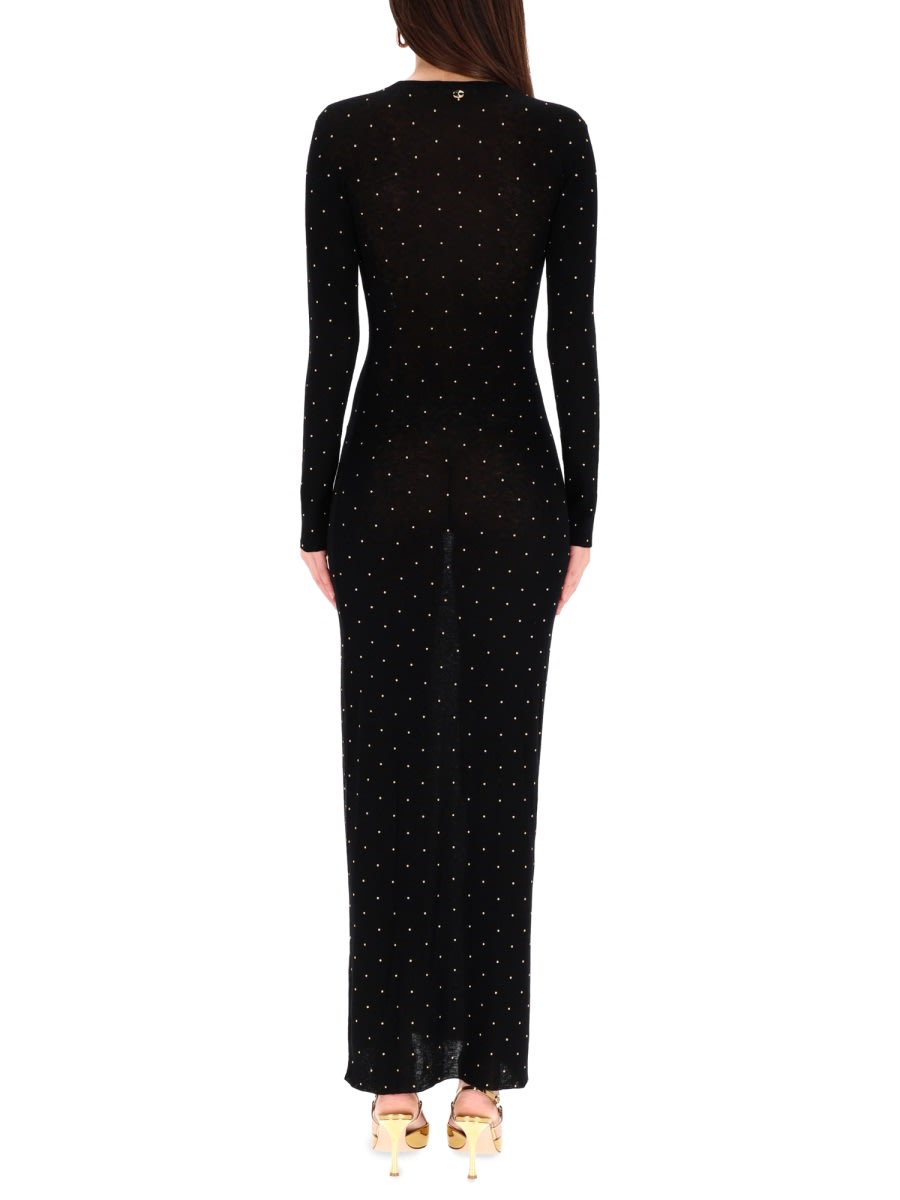 Rabanne Fitted Long Knit Dress With Round Neckline And Rhinestone Embellishments In Black