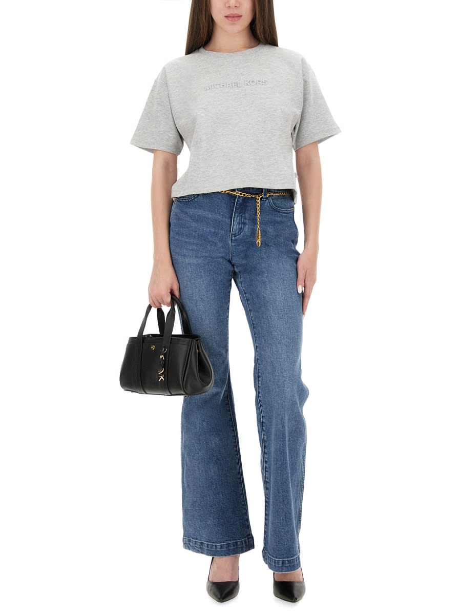 Michael Kors Cropped T-shirt With Embossed Logo In Gray