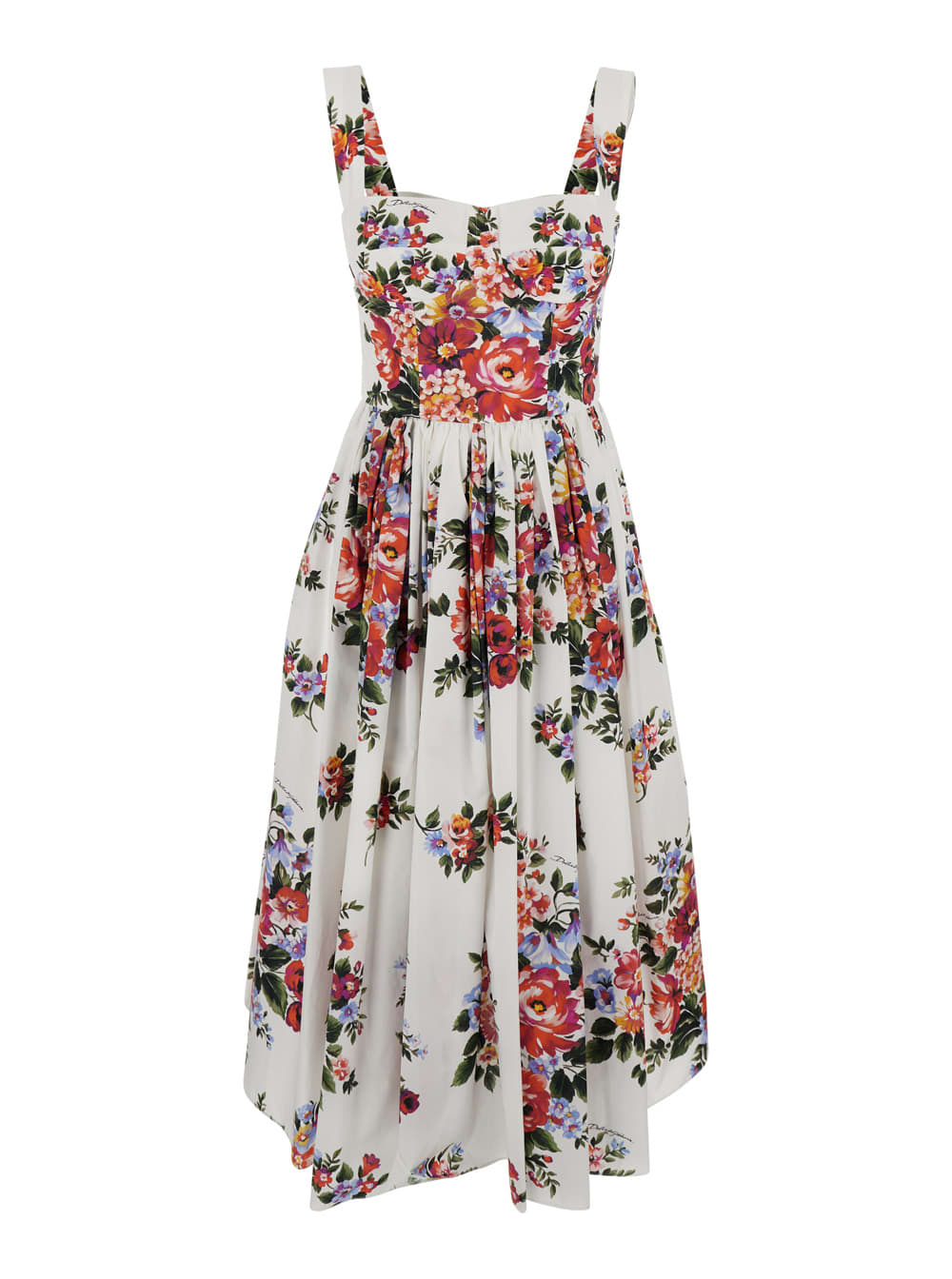 Dolce & Gabbana White Cotton Midi Dress With Floral Print Dolce E Gabbana In Multi