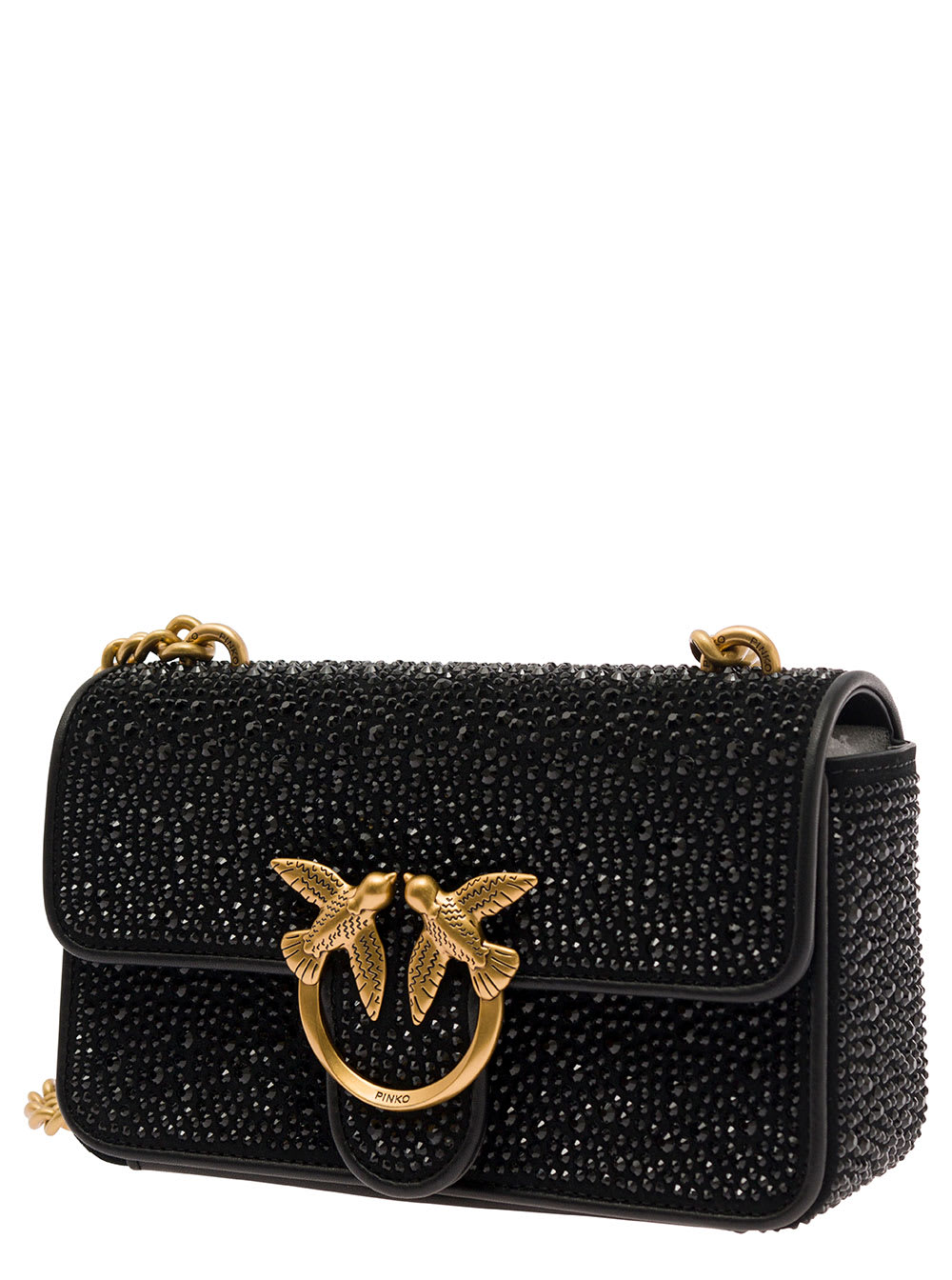 Shop Pinko Mini Love One Black Shoulder Bag With All-over Rhinestones In Suede Woman
