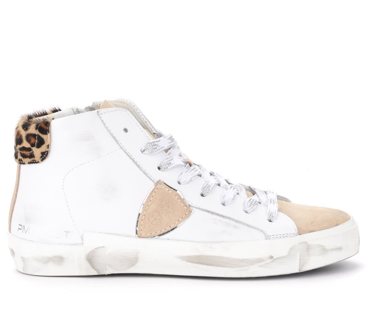 Philippe Model Paris X High Sneaker In White Leather And Spotted Spoiler