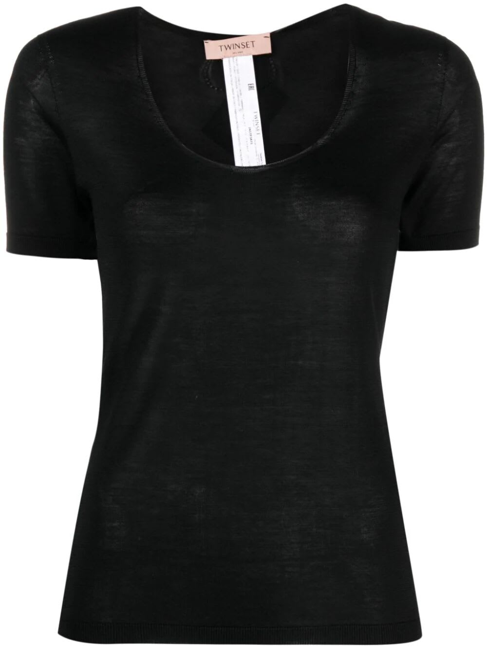 Shop Twinset Short Sleeves Wide Neck Sweater In Black