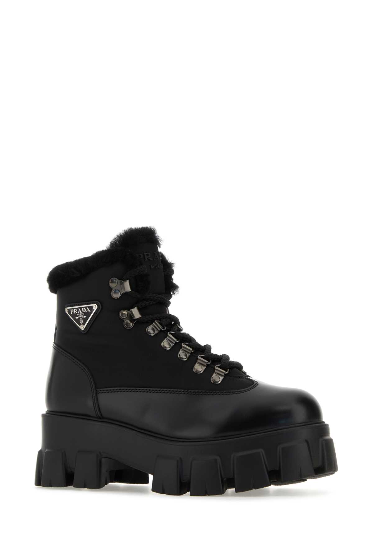 Prada Black Leather And Nylon Monolith Ankle Boots In Nero