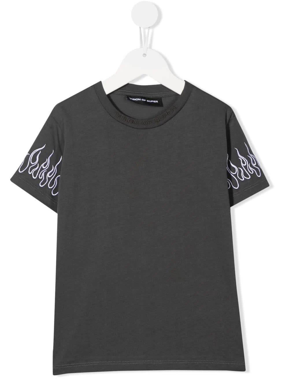 Vision of Super Kids Grey T-shirt With Embroidered White Flames
