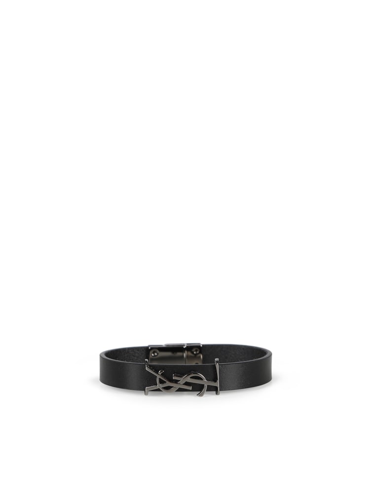 Shop Saint Laurent Opyum Leather Bracelet In Black