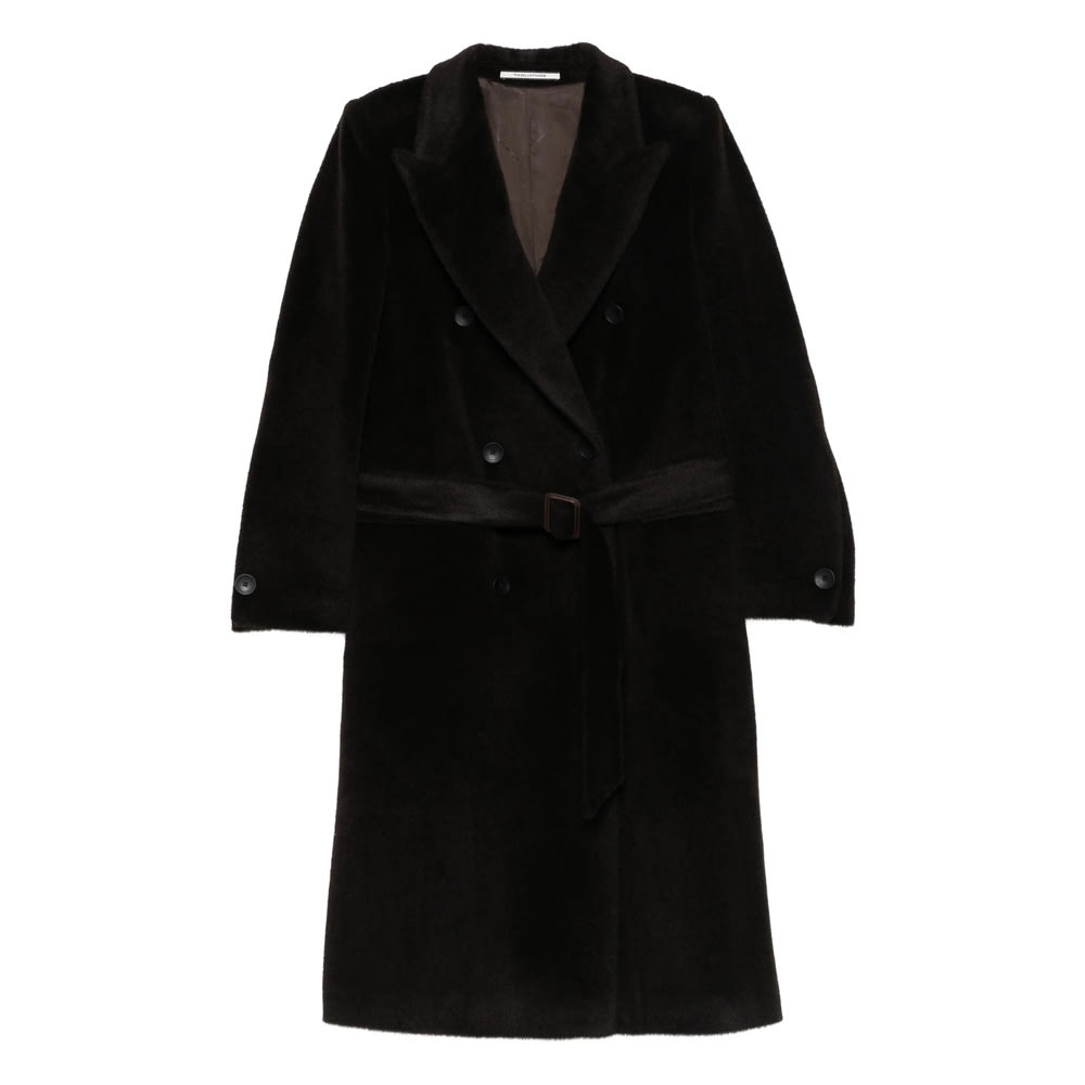 Tagliatore Long Double-breasted Wool Coat Belted Waist In Brown