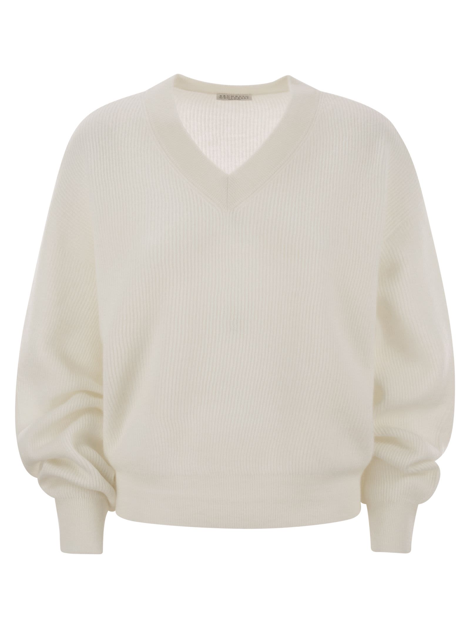 Brunello Cucinelli Alpaca And Cotton Rib Sweater With Moniline In White
