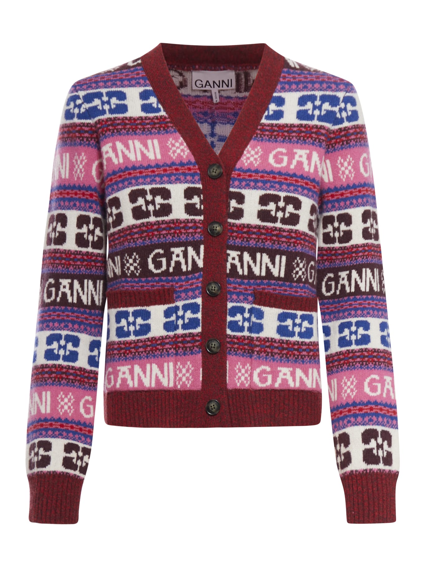 Shop Ganni Logo Wool Mix Cardigan In Multicolour