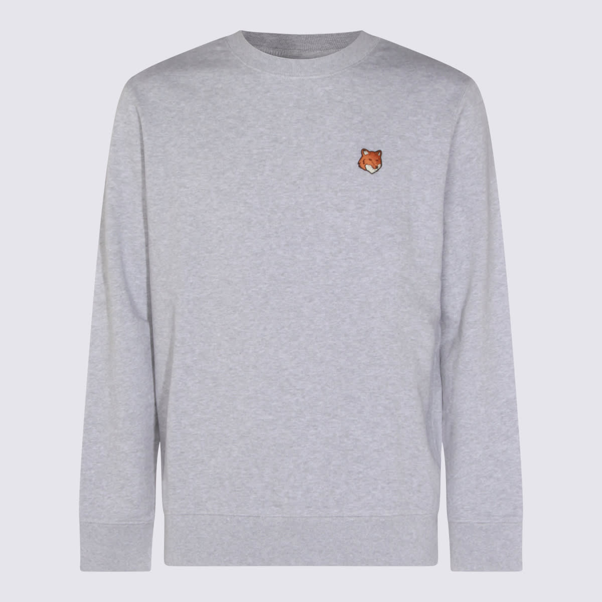 Maison Kitsuné Grey Crew Neck Sweater With Fox Patch On The Front In Wool Man In Gray