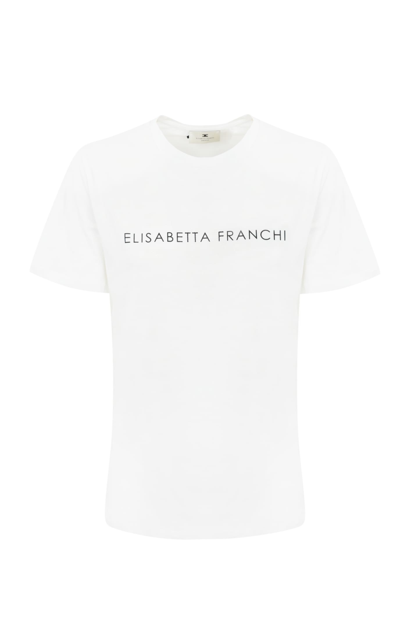 Shop Elisabetta Franchi Jersey T-shirt With Rhinestone Logo In Gesso