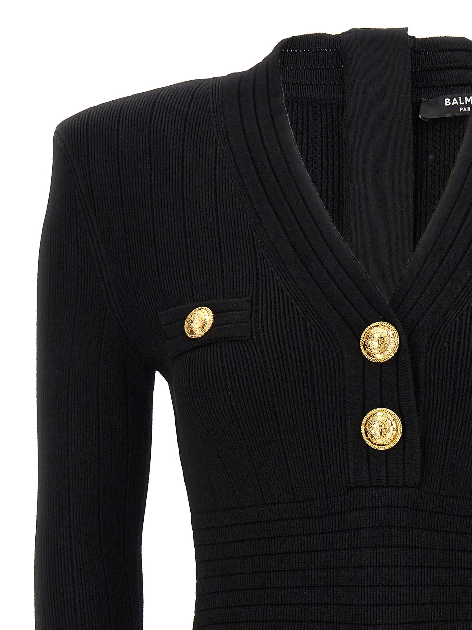 Shop Balmain Logo Button Ribbed Dress In Black