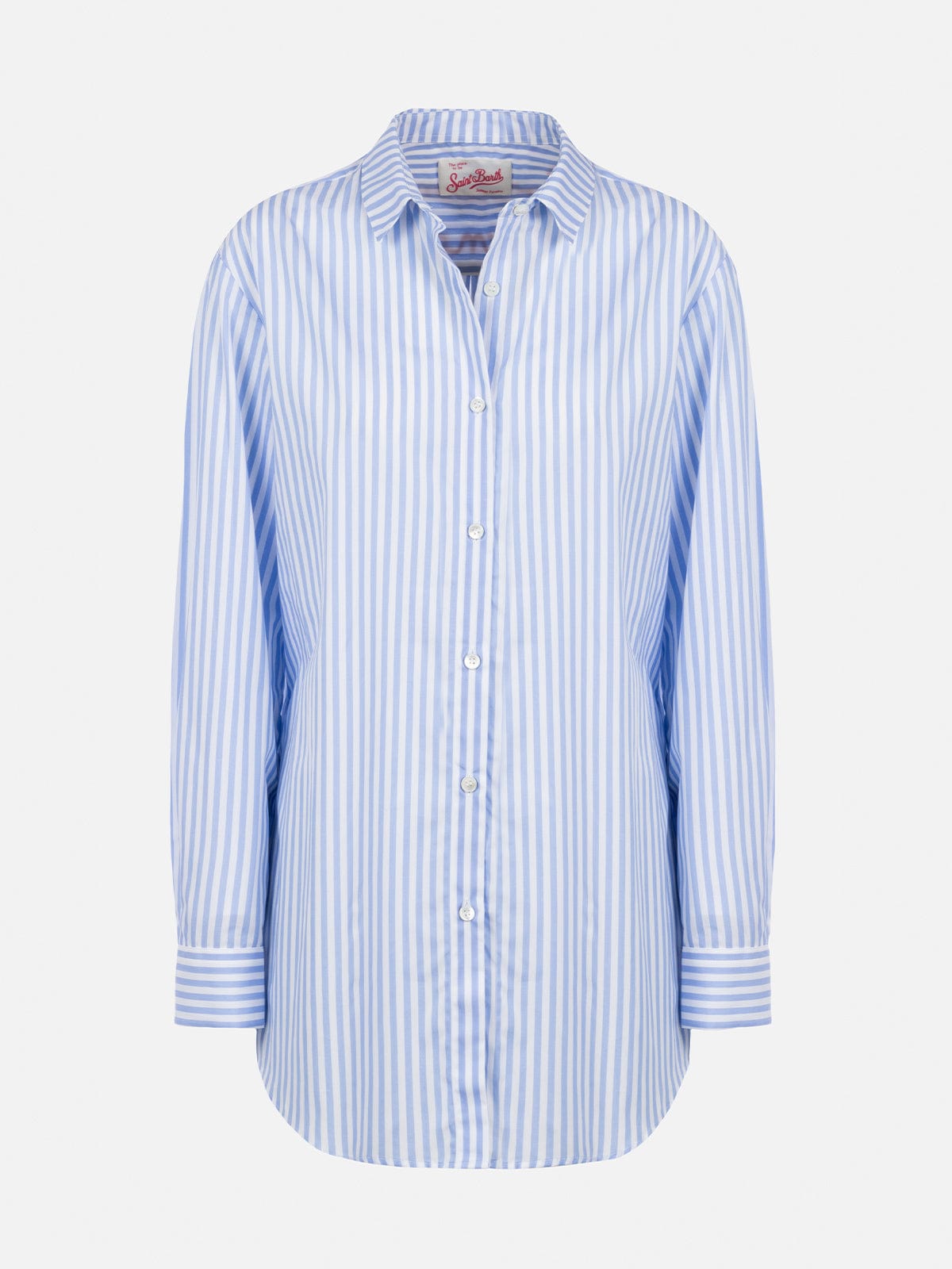 Shop Mc2 Saint Barth Woman Cotton Shirt Brigitte With Light Blue Striped Print In Sky