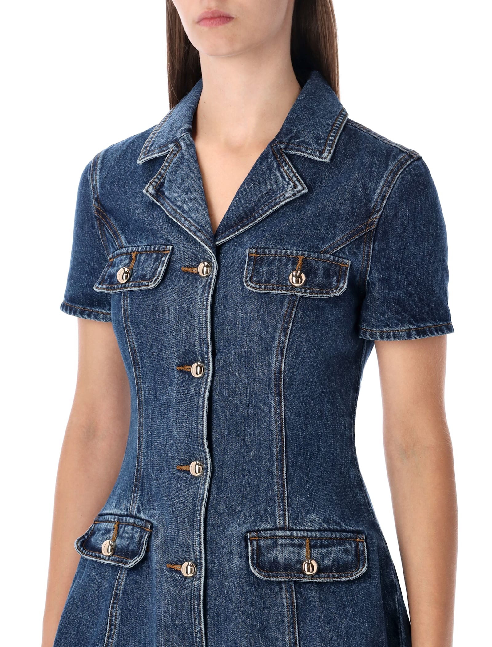 Self-portrait Blue Denim Mini Dress With Gold Buttons In Blue