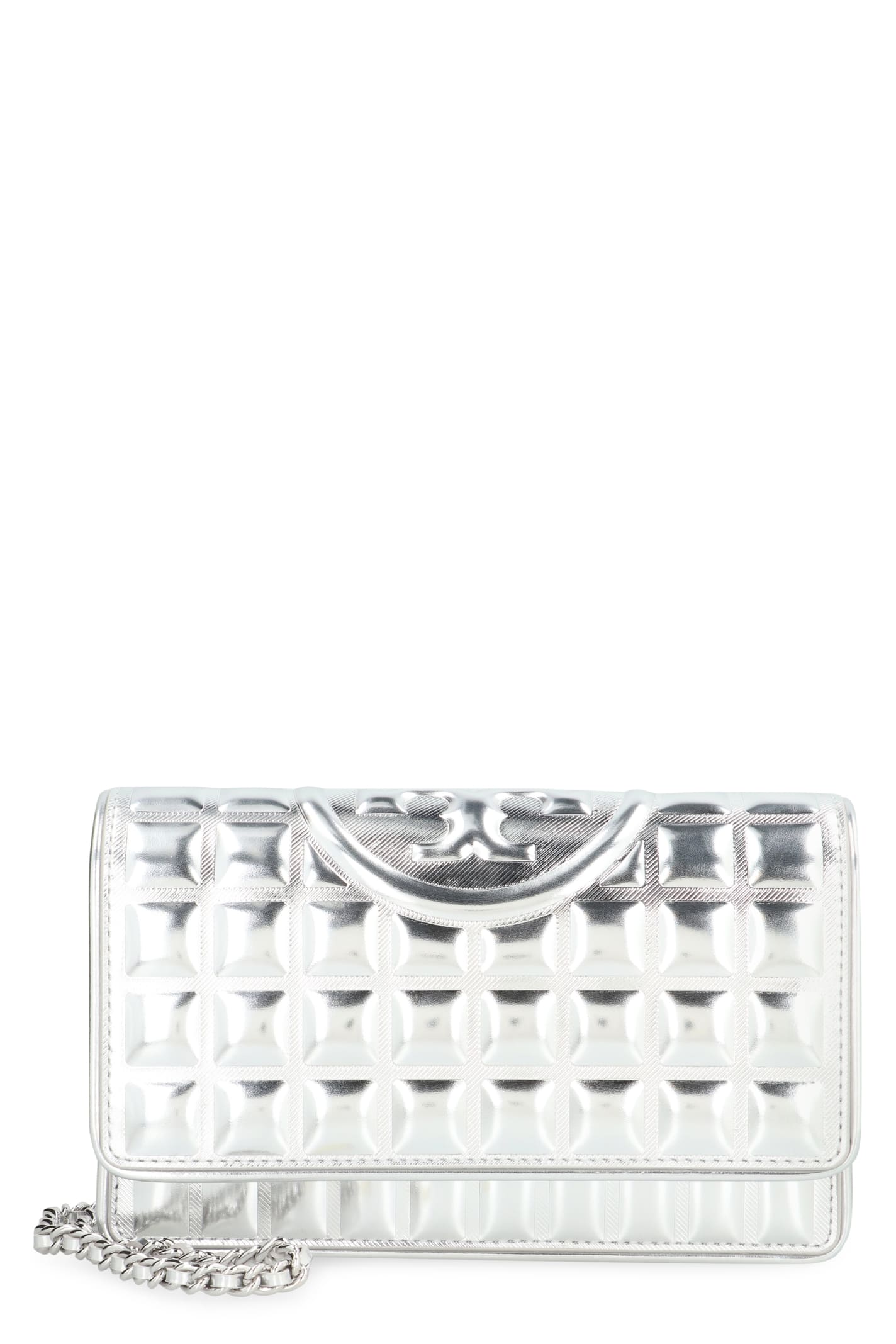 Tory Burch Fleming Leather Wallet On Chain In Silver