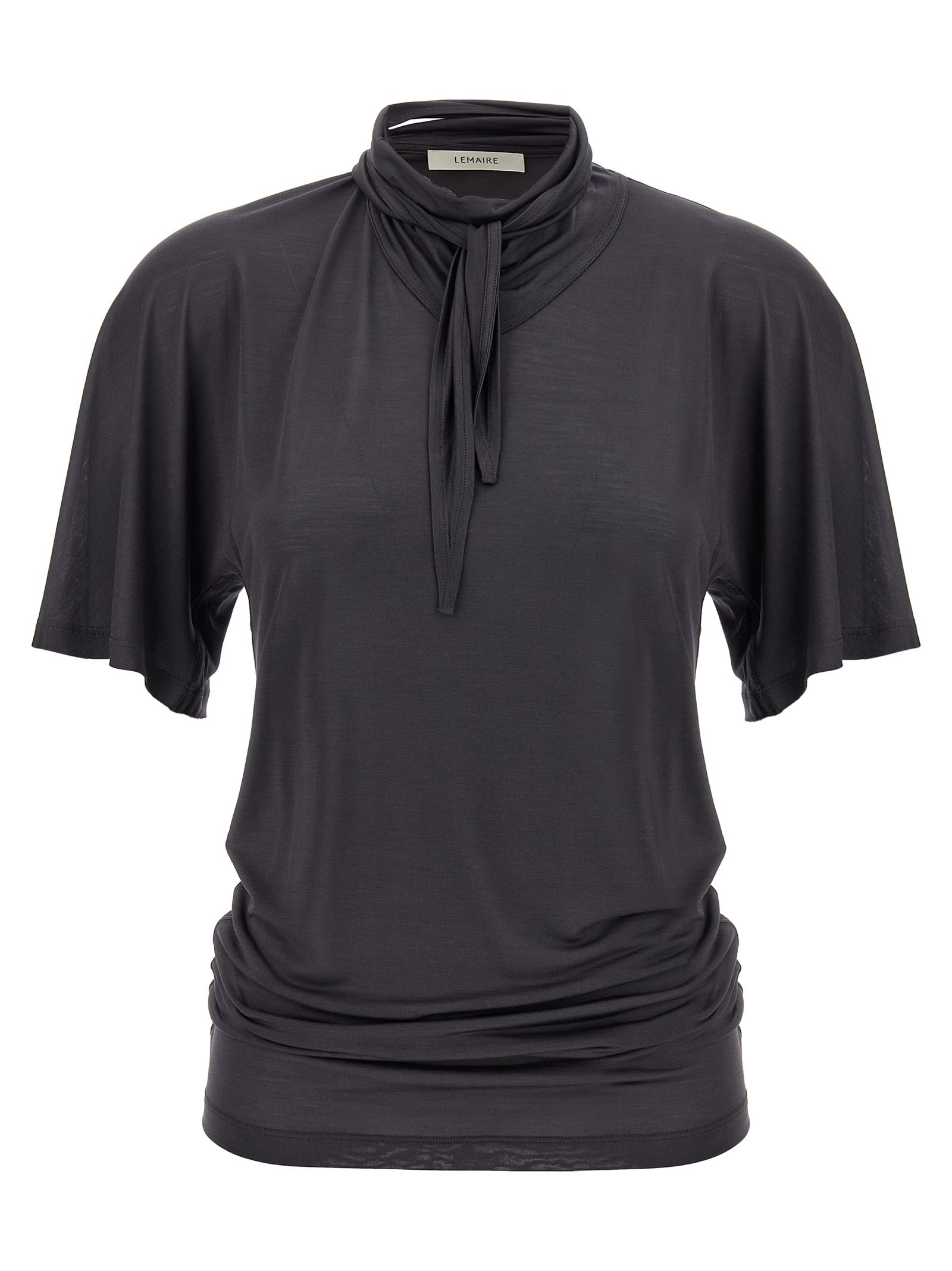 Lemaire Silk Crewneck Top With Knotted Scarf Detail In Black