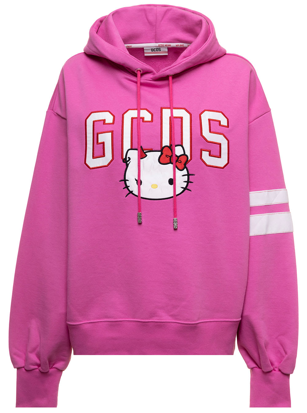 GCDS Pink Jersey Hoodiie In Fleece Cotton With Hello Kitty Print And Contrast Bands Woman