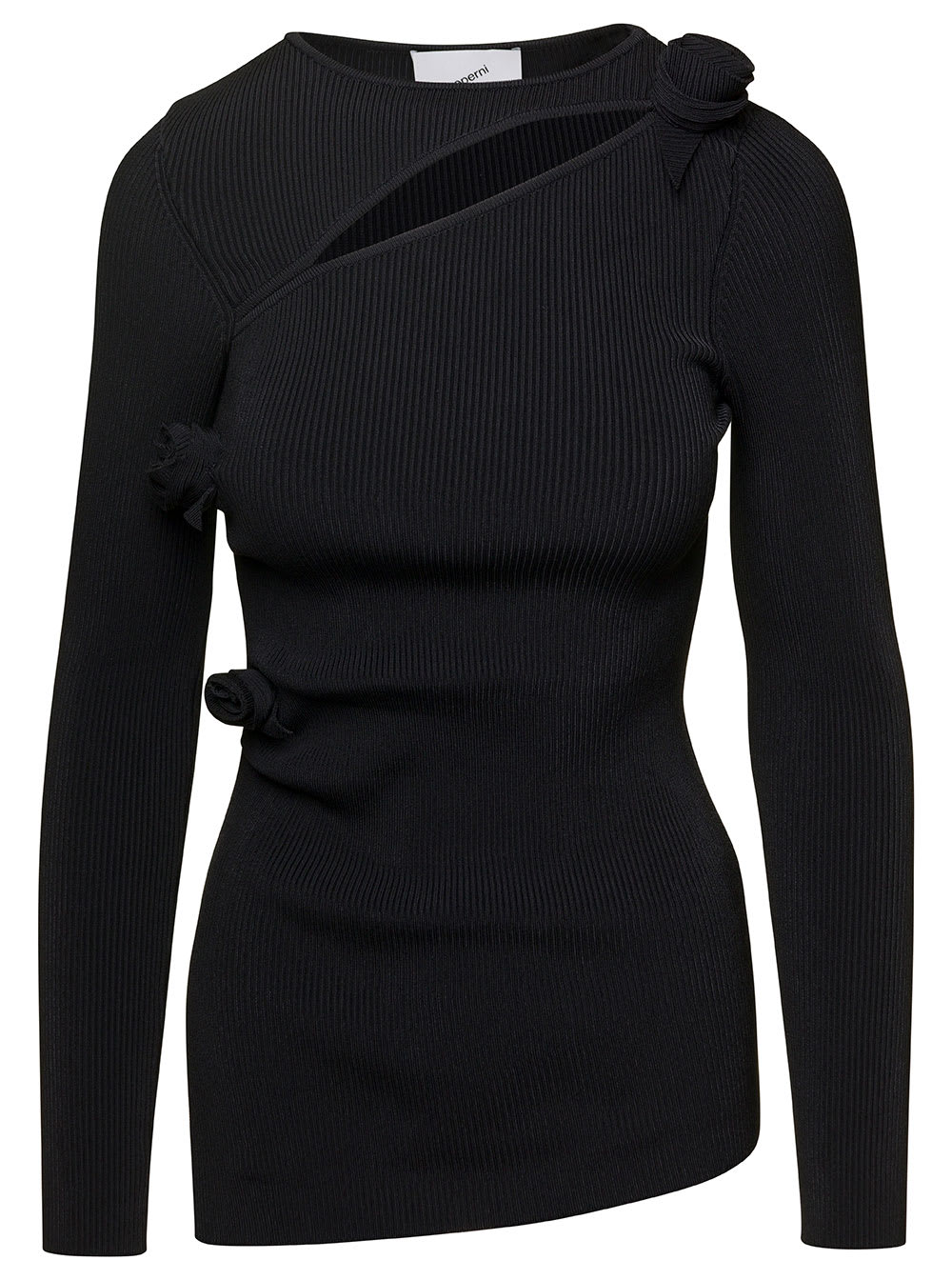 Shop Coperni Black Ribbed Top With Cut-out And Rose Appliques In Stretch Viscose Woman