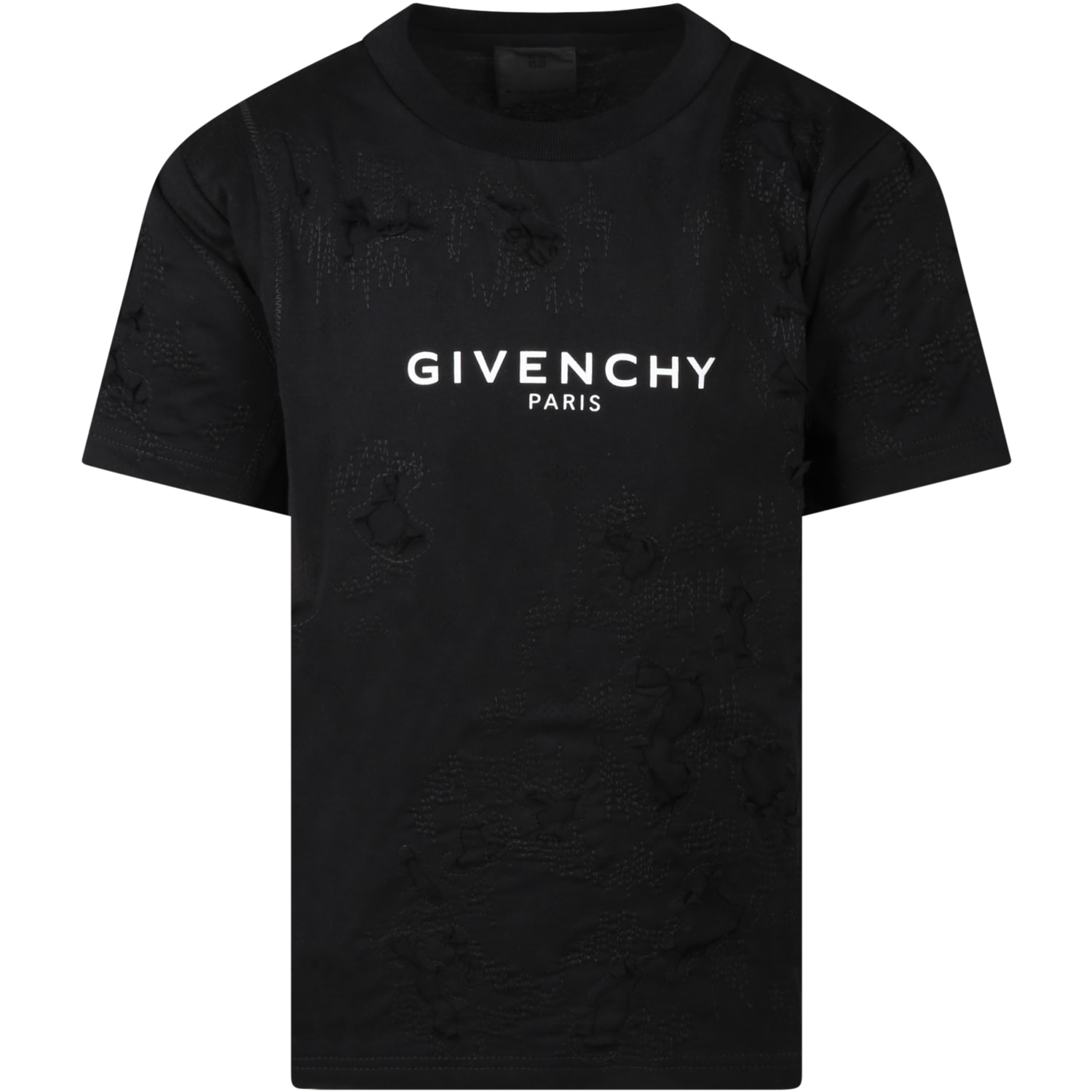 Givenchy Black T-shirt For Kids With Fake Rips And White Logo