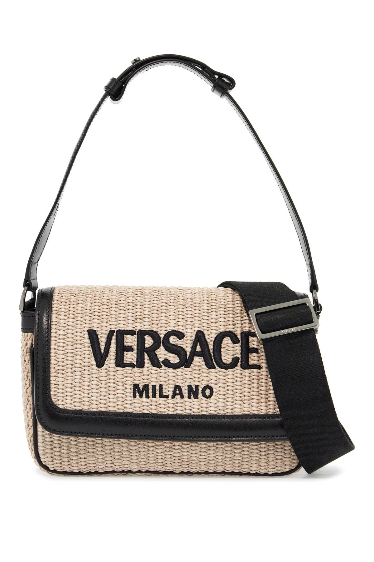 Shop Versace Milano Raffia Bag In Natural+black-ruthenium (black)