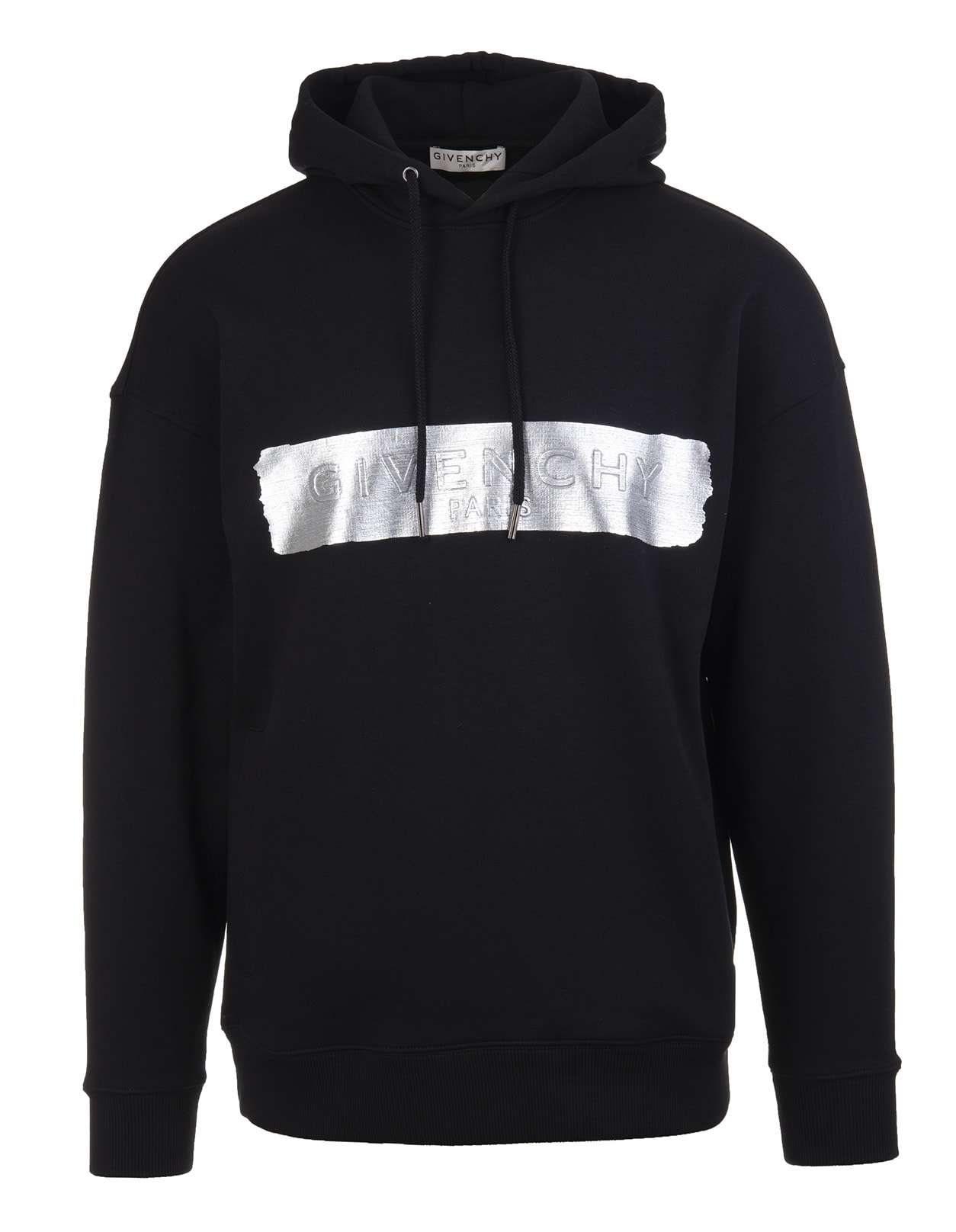Man Black Hoodie With Givenchy Stripe In Silver Latex