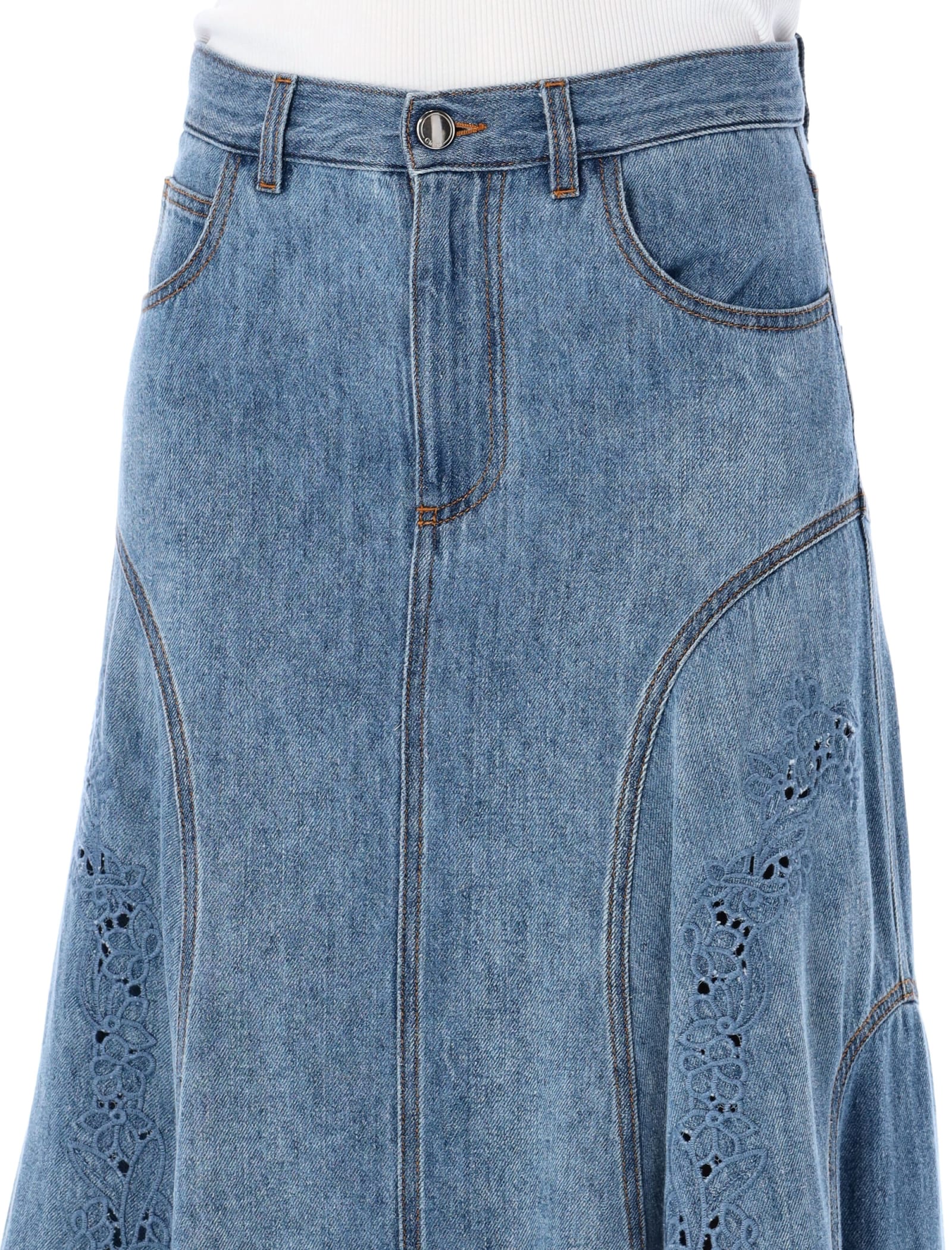 Shop Chloé Flared Denim Midi Skirt In Foggy Blue