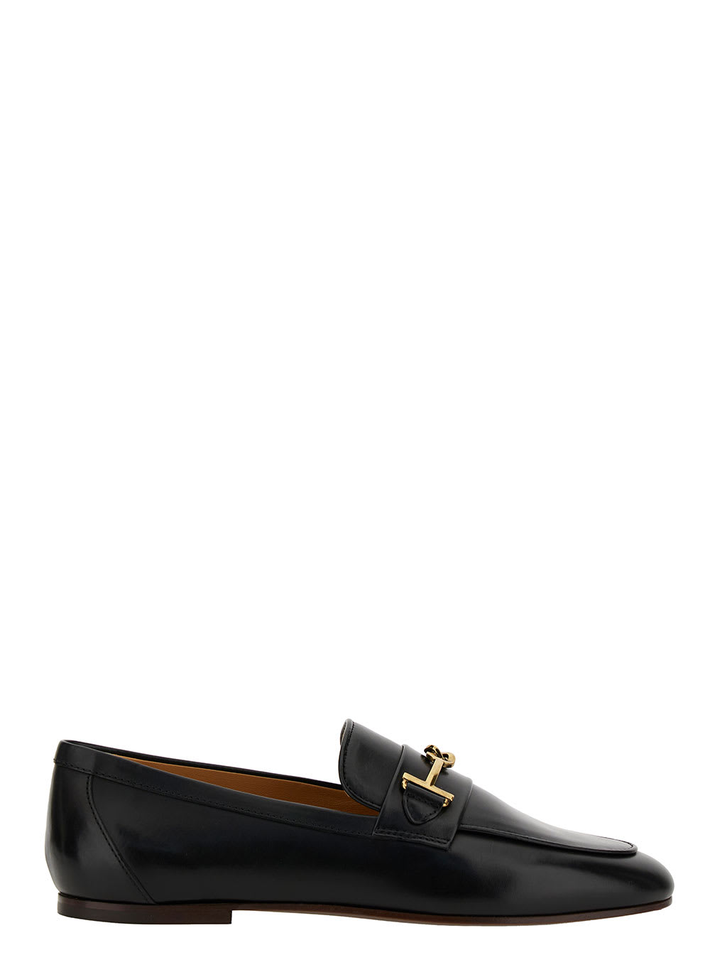 Shop Tod's Black Loafers With Gold-tone Double T Detail In Leather Woman