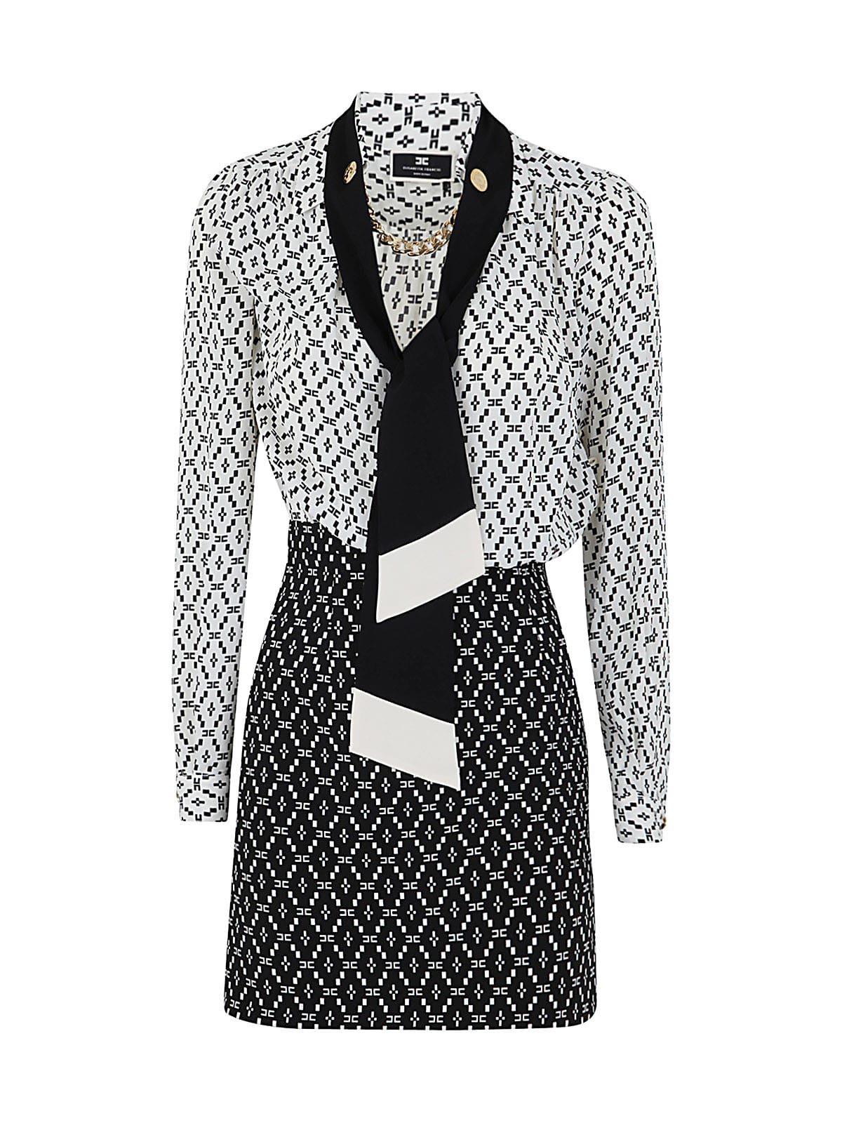 Elisabetta Franchi Bicolor Micropattern Dress With Scarf In Black Butter