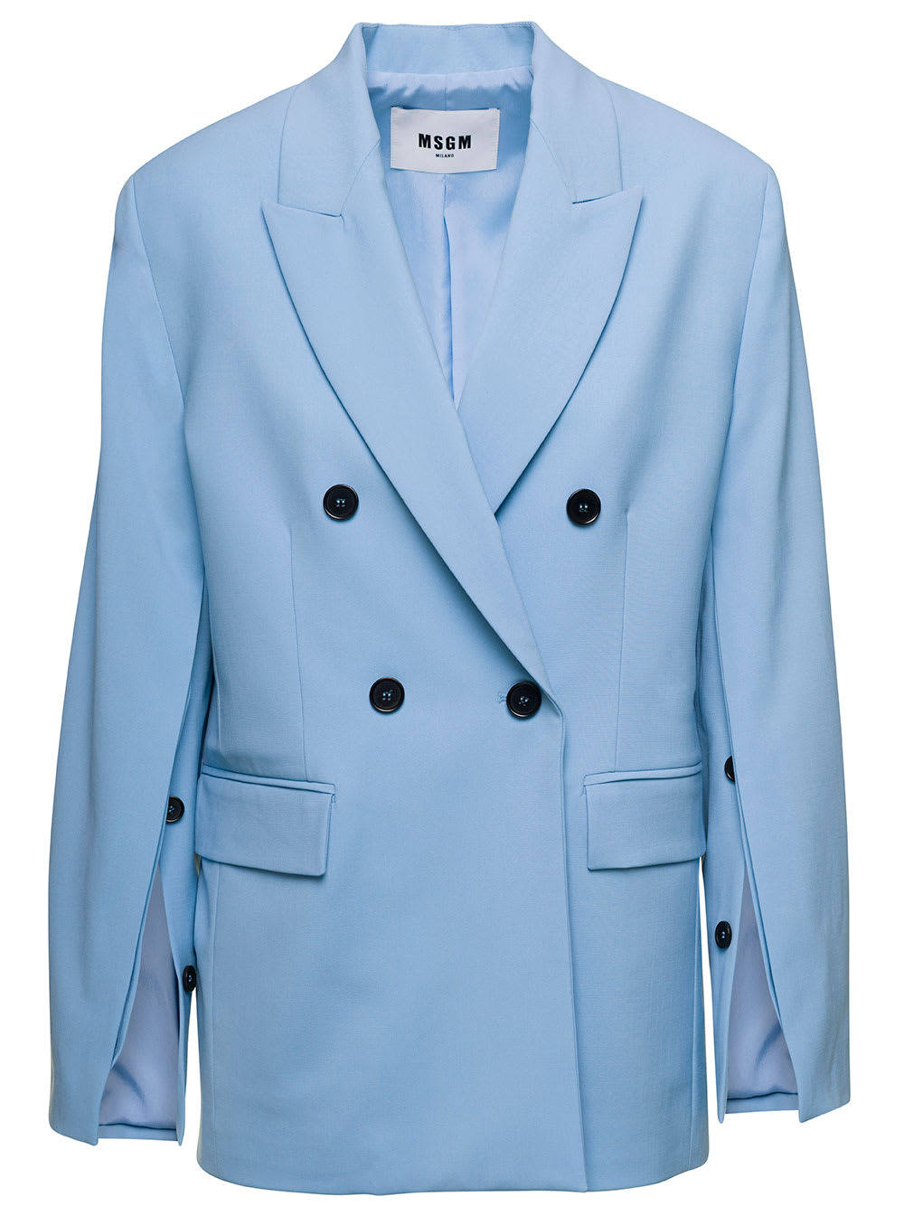 Light Blue Double-breasted Jacket With Buttoned Sleeves In Stretch Wool Woman