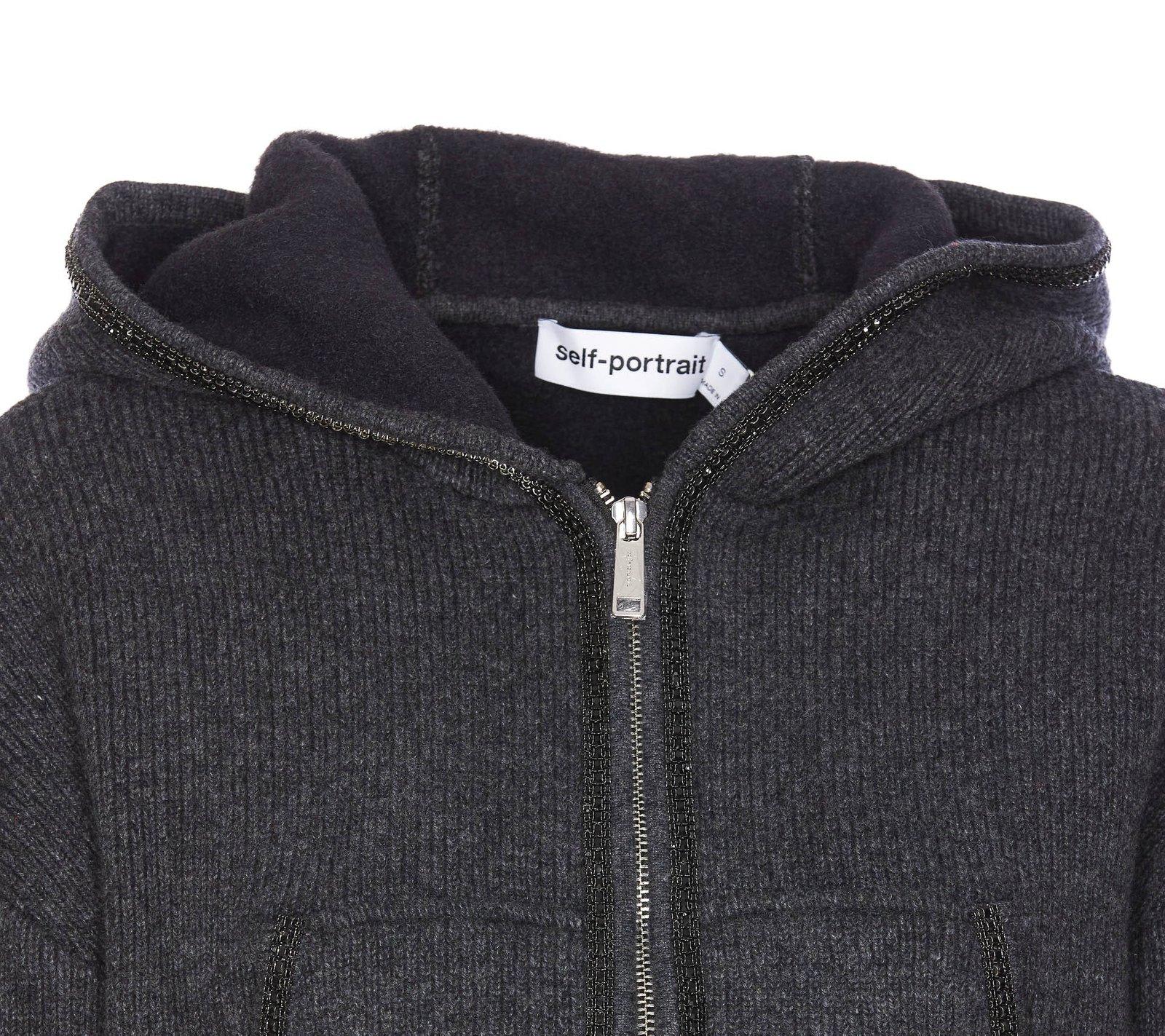 Self-portrait Knit Cropped Zip Hoodie In Grey
