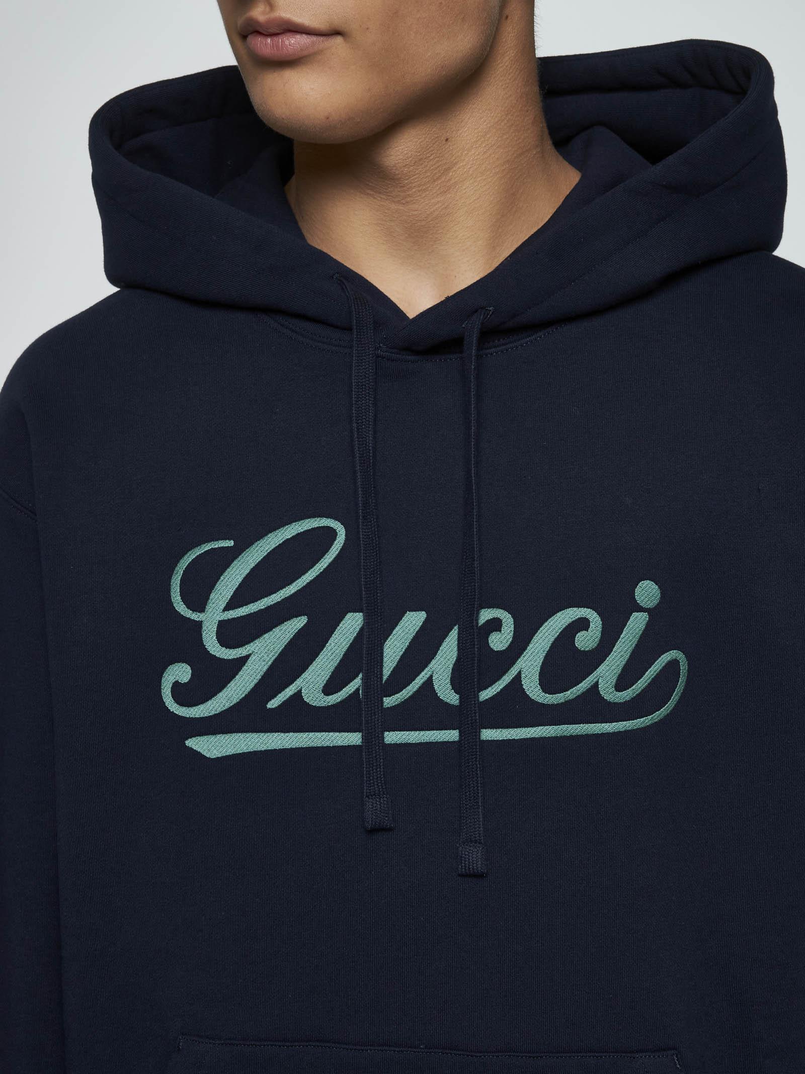 Shop Gucci Logo Cotton Hoodie In Blue