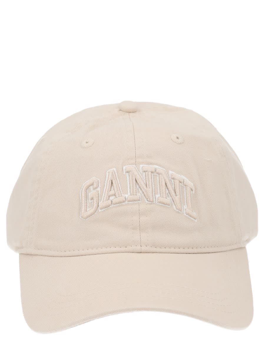Ganni Womens Egret Washed Logo-embroidered Cotton-canvas Cap In Neutral