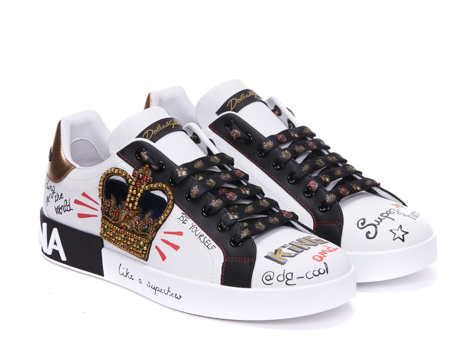 Shop Dolce & Gabbana Portofino Sneakers With Embroidery And Patches In Bianco Nero Oro