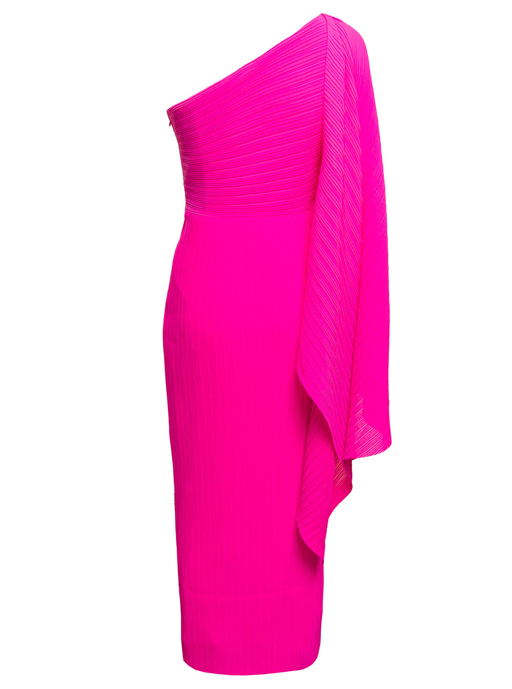 Solace London Lenna Midi Fuchsia One-shoulder Dress In Pleated Fabric Woman In Pink