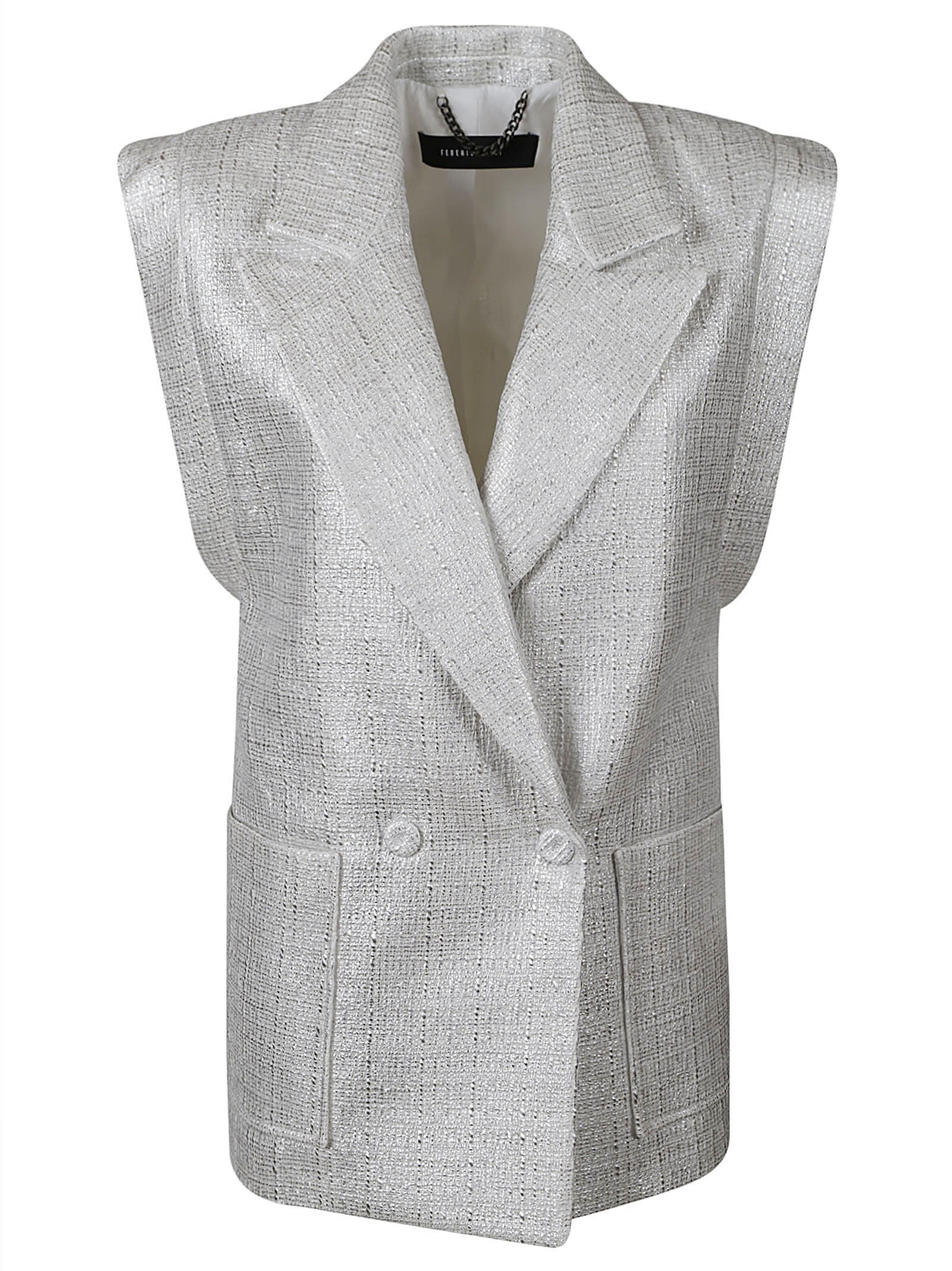 Shop Federica Tosi Double-breasted Sleeveless Tweed Blazer In Silver