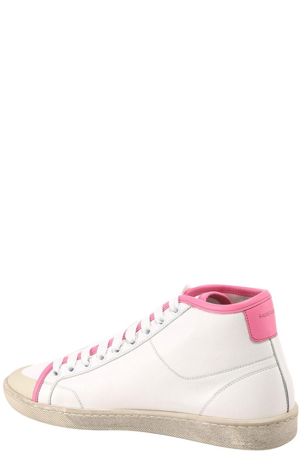 Shop Saint Laurent Logo Mid-top Sneakers In White