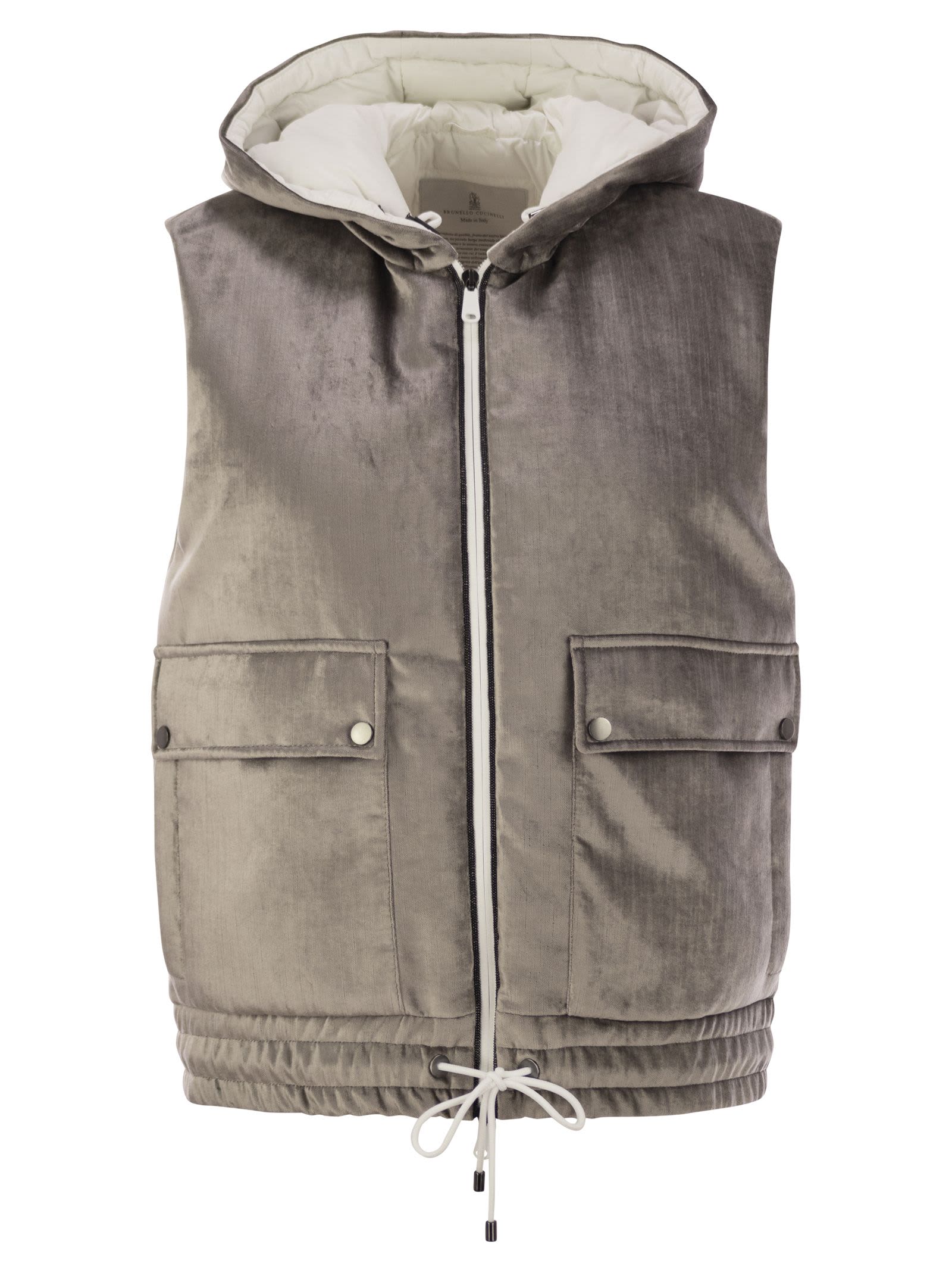 Shop Brunello Cucinelli Sleeveless Velvet Down Jacket Sleek In Silver