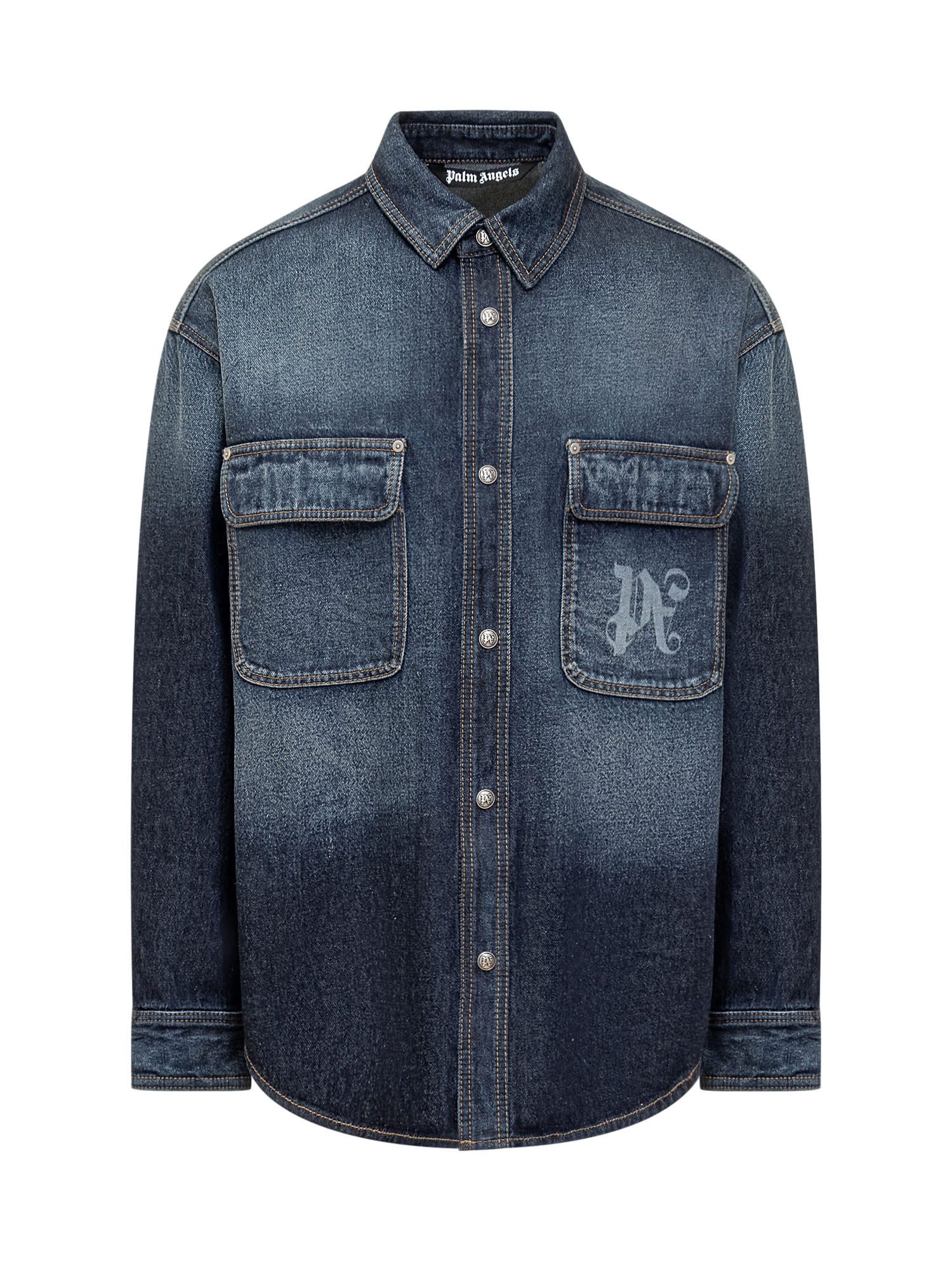 Shop Palm Angels Shirt With Pa Monogram In Blue Off White