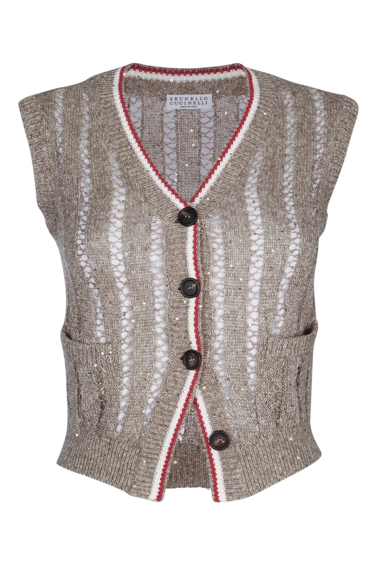 Brunello Cucinelli V-neck Sleeveless Knit Vest Design In Cer11