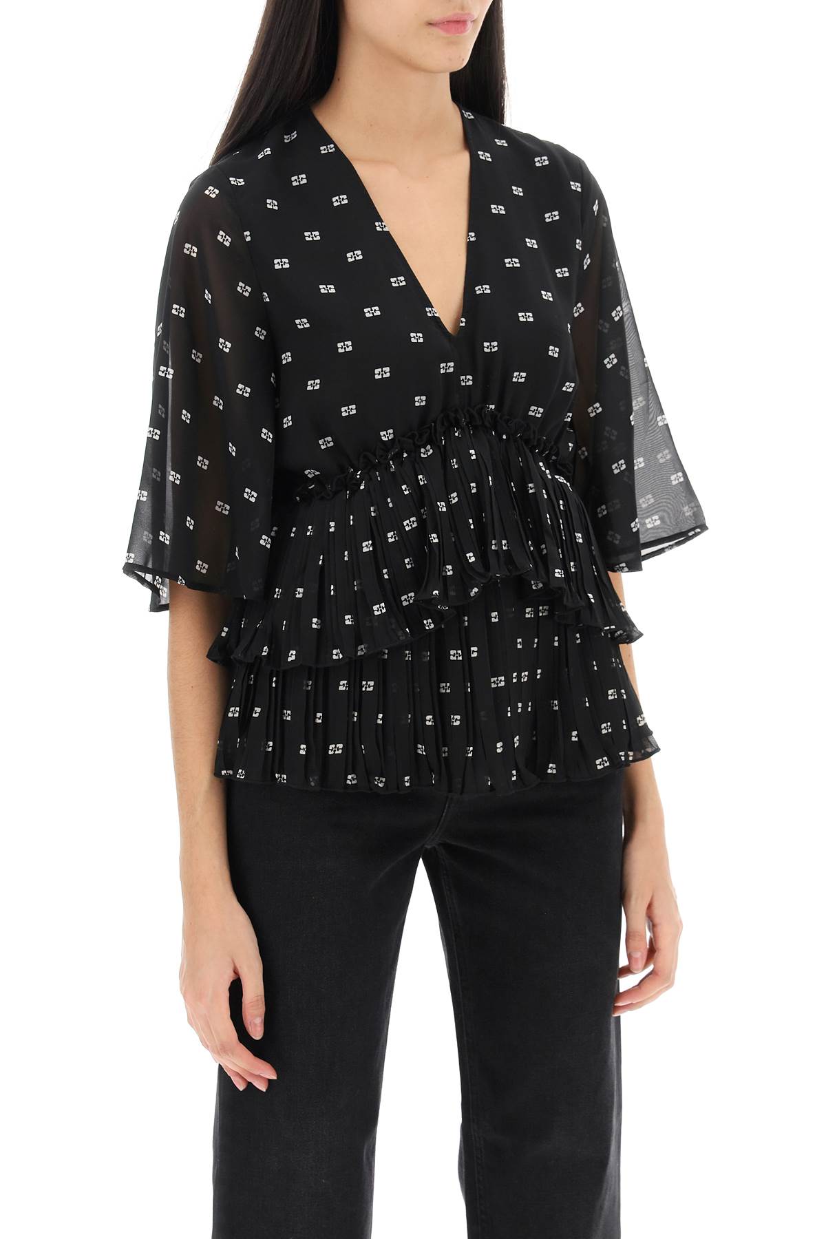 Shop Ganni Butterfly Pleated Blouse In Nero