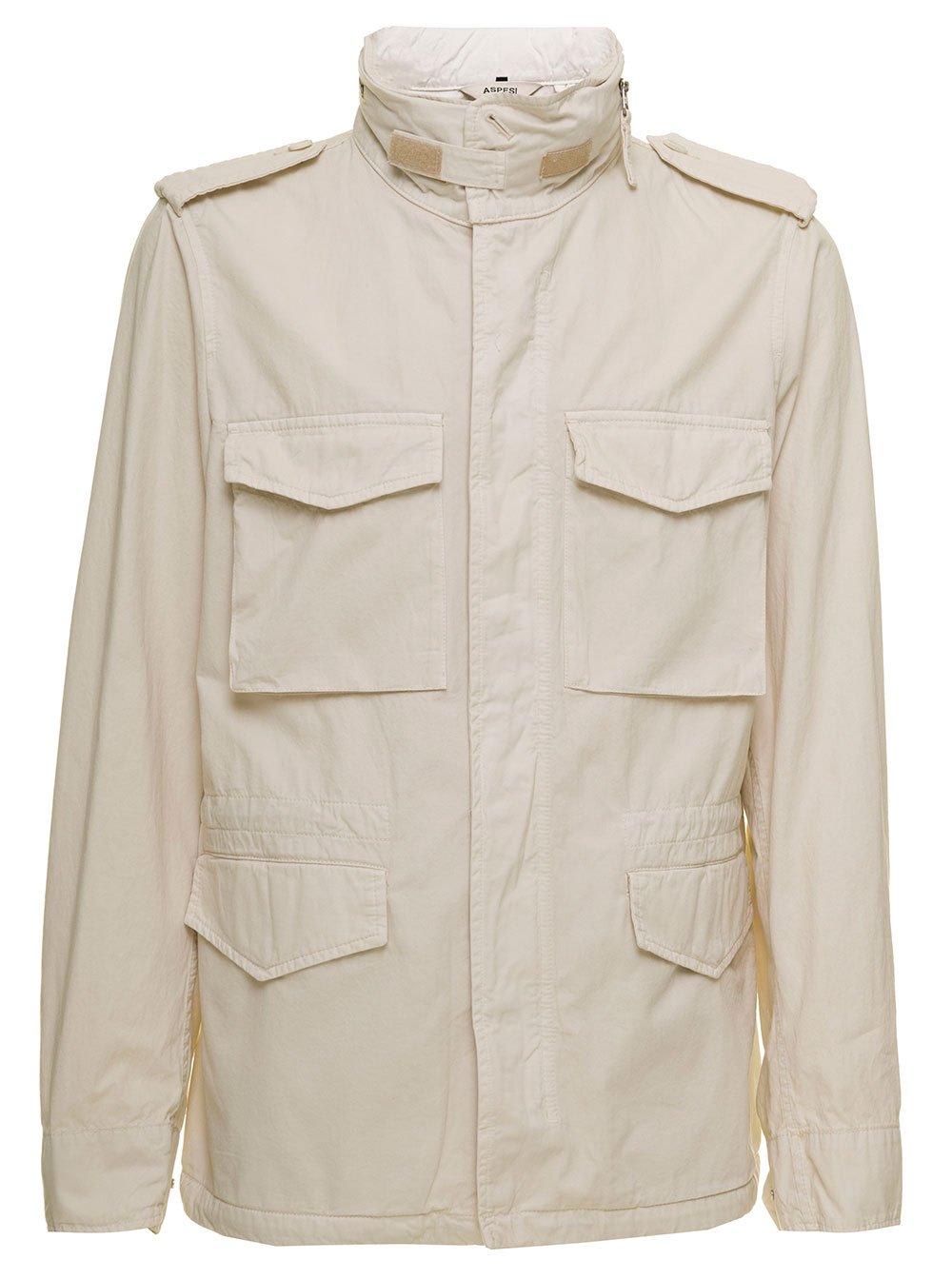 Shop Aspesi Stand-up Collared Flap-pocketed Military Jacket In Beige