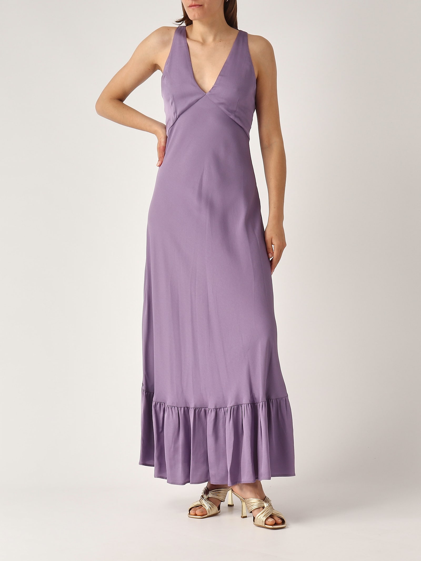 Twinset Twin-set Deep V-neck Maxi Dress With Flounced Hem In Lavanda