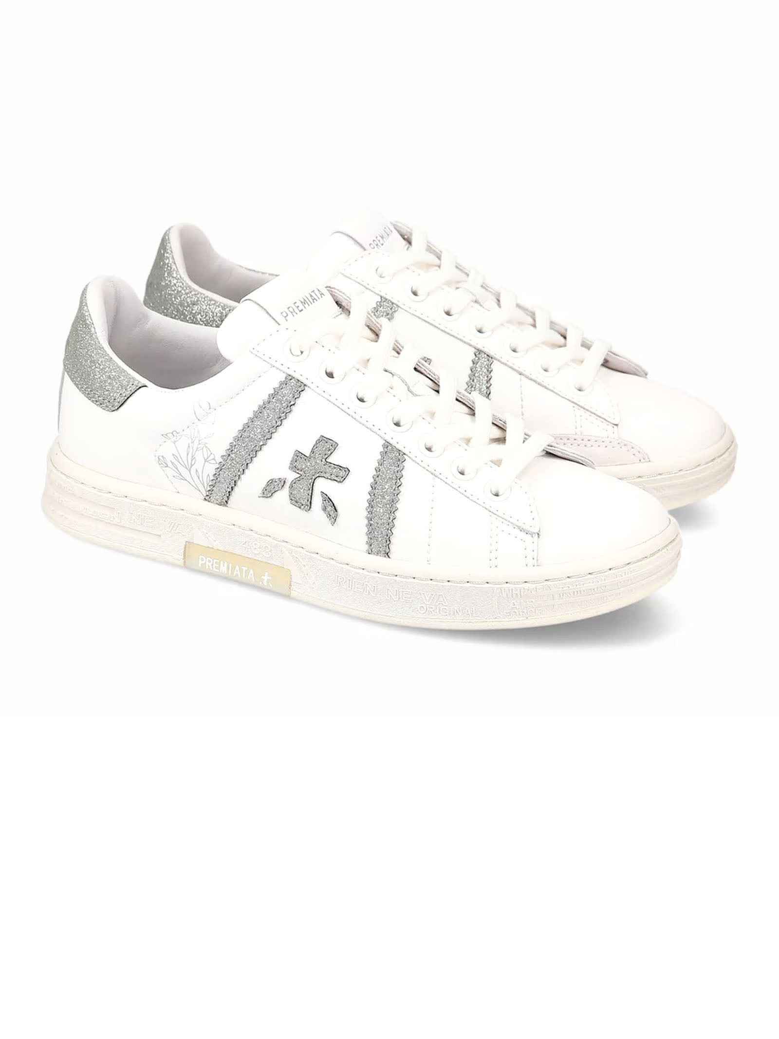 Shop Premiata White Calf Leather Russell Sneakers
