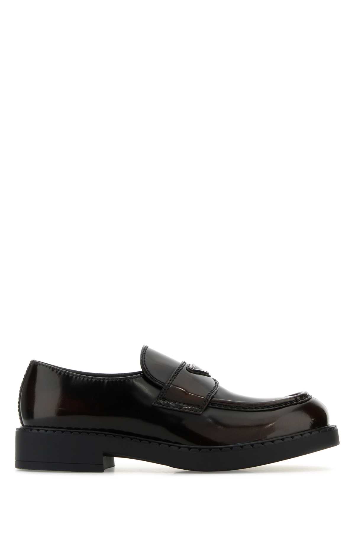 Prada Round Toe Shiny Finish Loafers In Brown